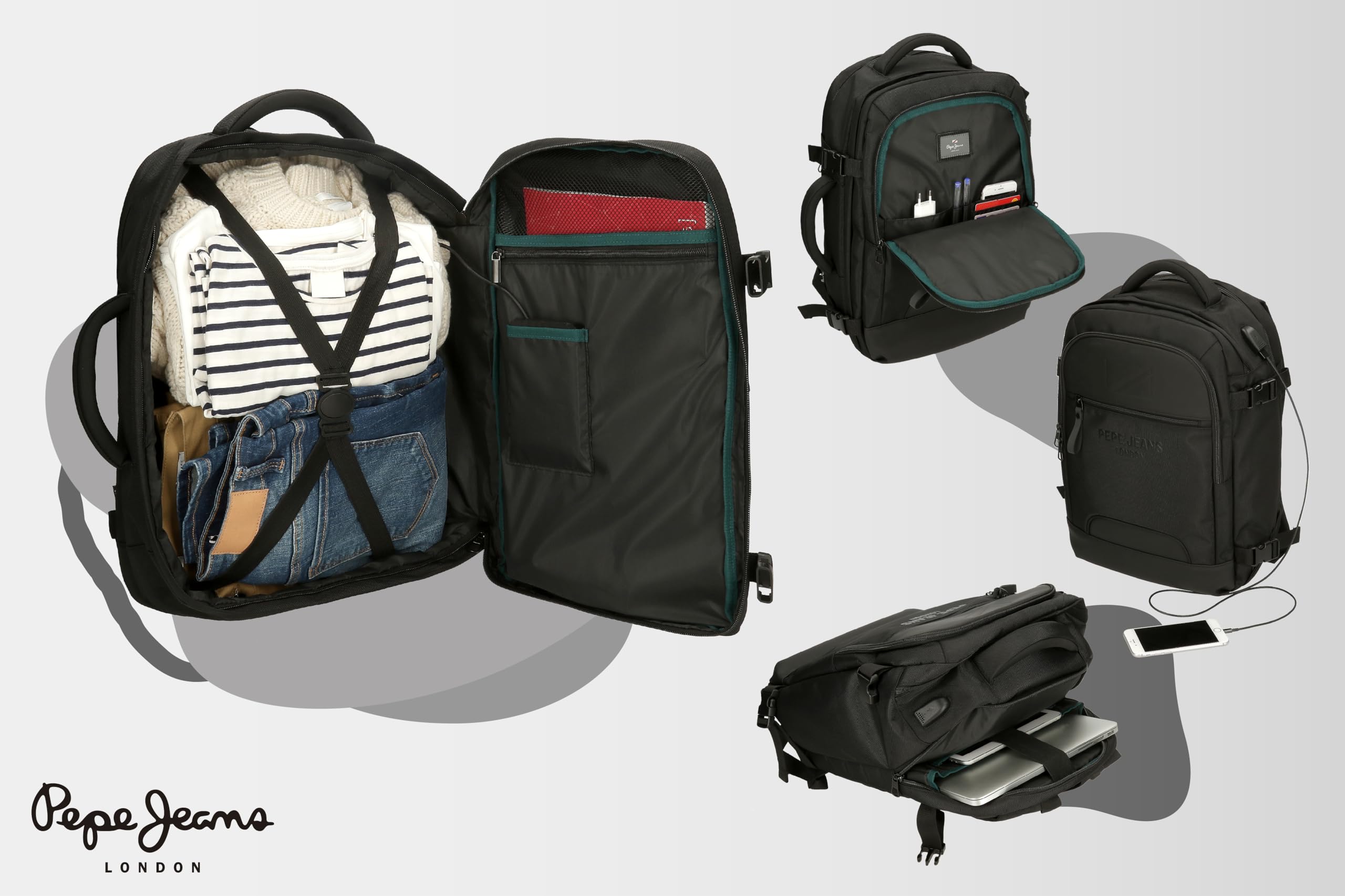 Pepe Jeans Bromley, plecaki, plecaki kabinowe, torby na ramię Joumma Bags, poliester, różne rozmiary, czarny, zielony, czerwony, szary, poliester., Czarny (Black), Talla única, plecak do samolotu