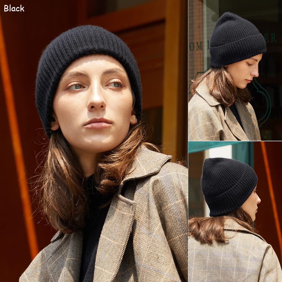 YUONNY 100% Wolle Stricken Beanie Mütze für Damen Herren, Winter Warm Weich Cuffed Beanie Hut, Winddicht Casual Gestrickte Mütze Unisex Strickmütze Skull Cap für Outdoor Ski Snowboard Black One