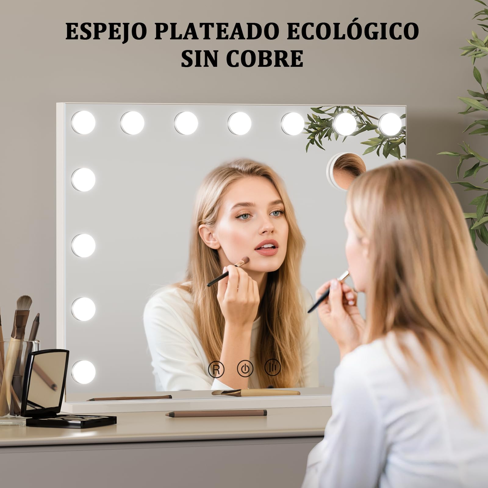 Espejo Maquillaje con Luz 58 x 46 cm, 15 LED, 3 Modos de Luz, Espejo de cortesía Hollywood, Accesorio de Aumento Incluido, Control Táctil, Función de Memoria, para Dormitorio