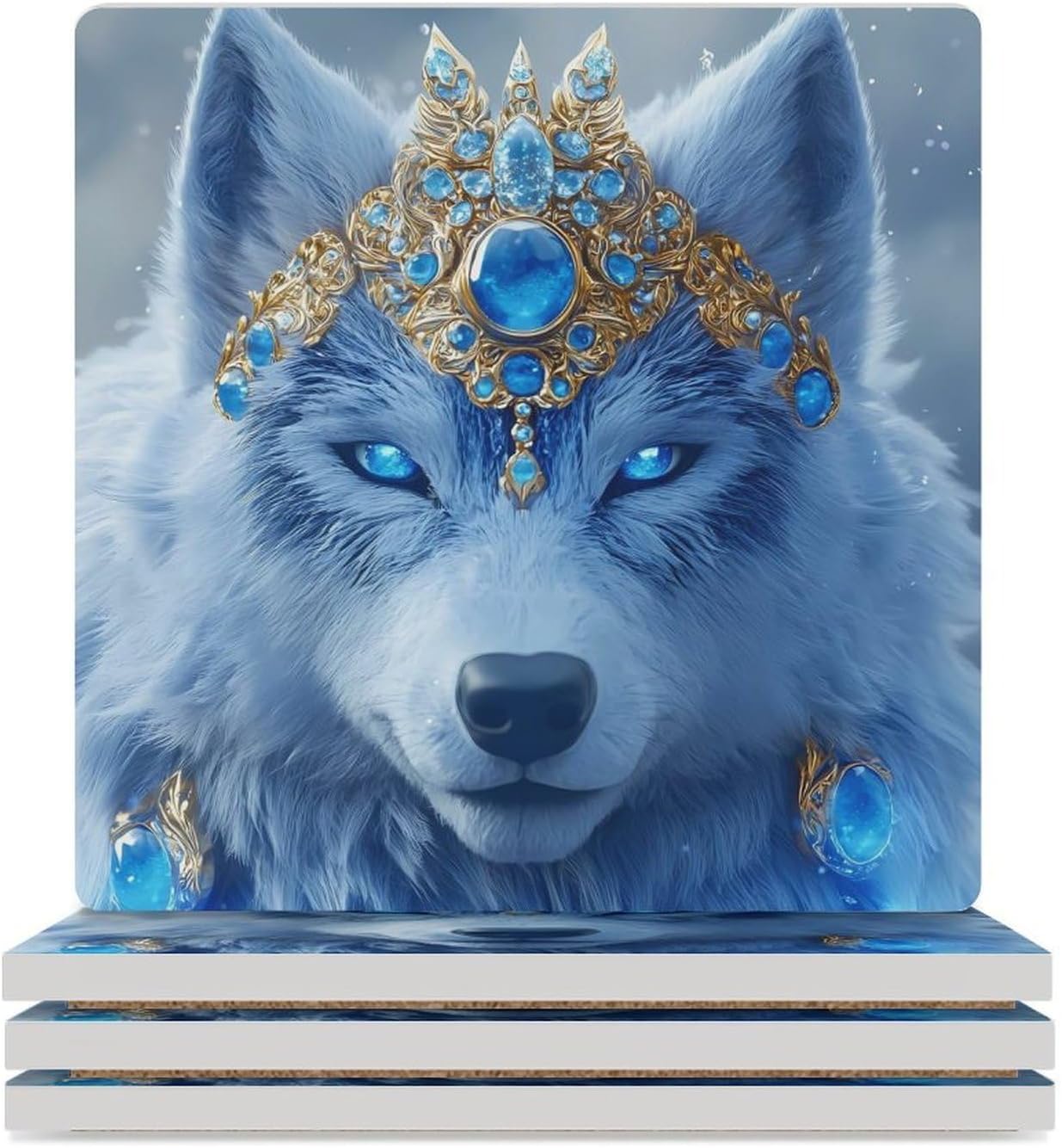 Wolf with Blue Eyes Funny Ceramic Coasters for Drinks Absorbent Cup Holder Tabletop Protector with Cork Base