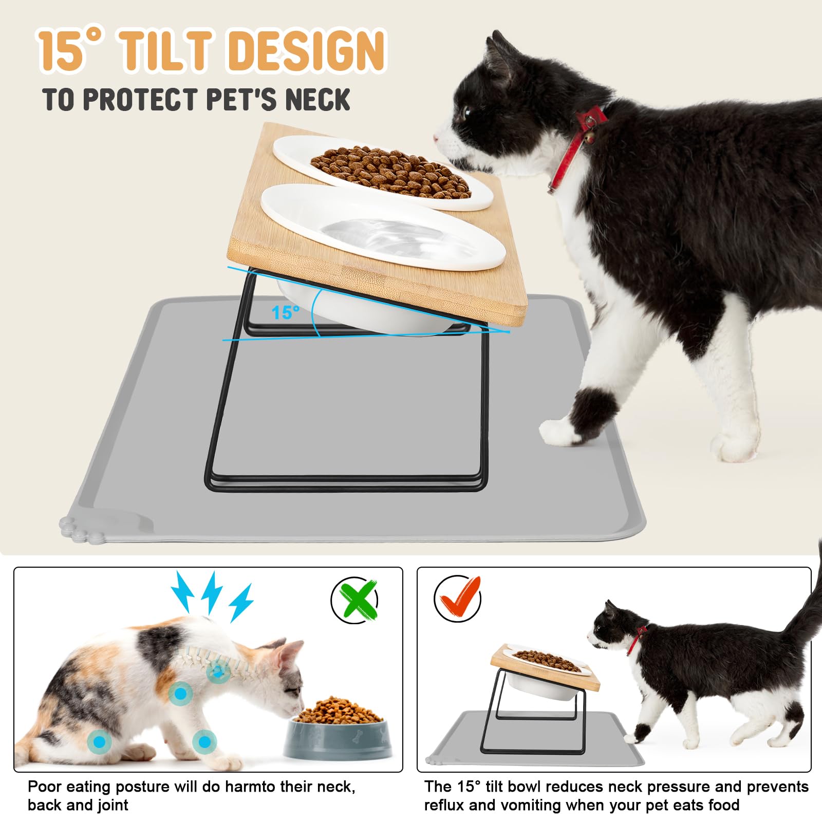 Ciotole Rialzate Per Gatti In Ceramica Con Supporto Bambù - Set 2 Ciotole Inclinate 15°, Con Tappetino - Foto 7