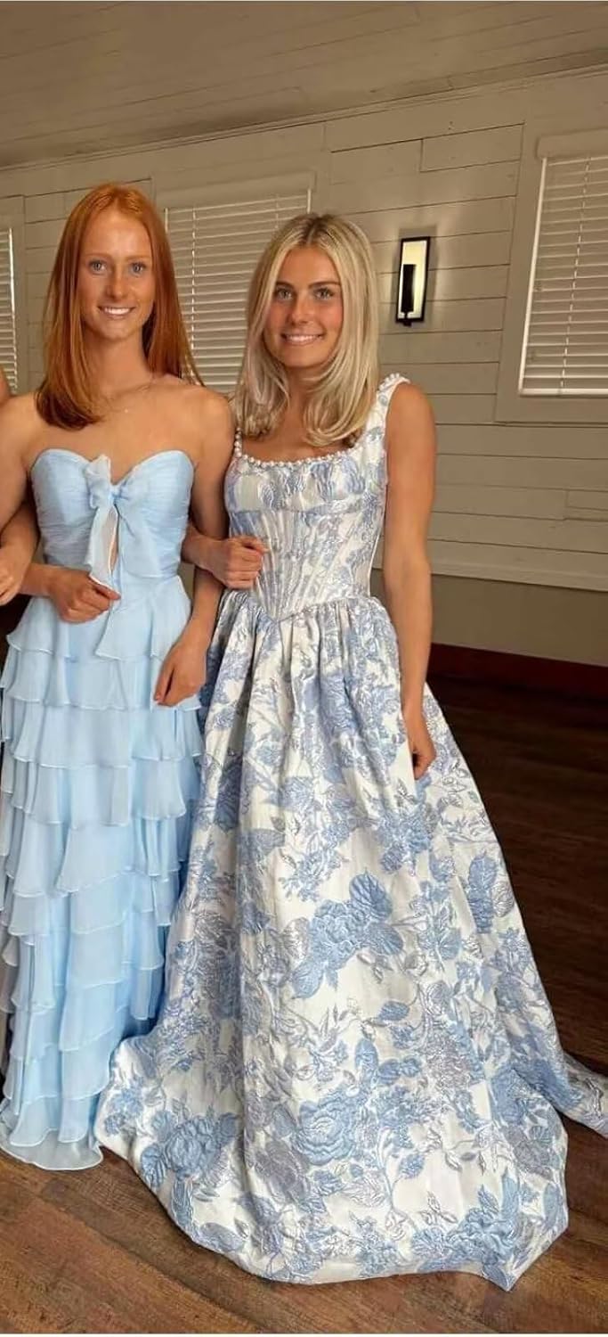 Floral Jacquard Prom Dresses for Teens 2026 Pearl Strapless Corset Party Evening Gowns