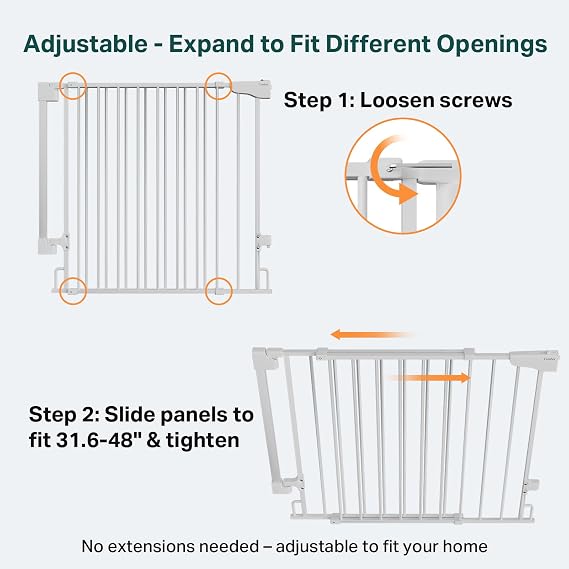 Cumbor Expandable 31.6-48 Baby Gate for Stairs, Hardware Mounted, 2-in-1 No Bottom Bar Dog Gate Indoor, Auto Close Pet Gate for Doorways with Large Walk Thru Door, Child-Proof Gate for Kids (White)