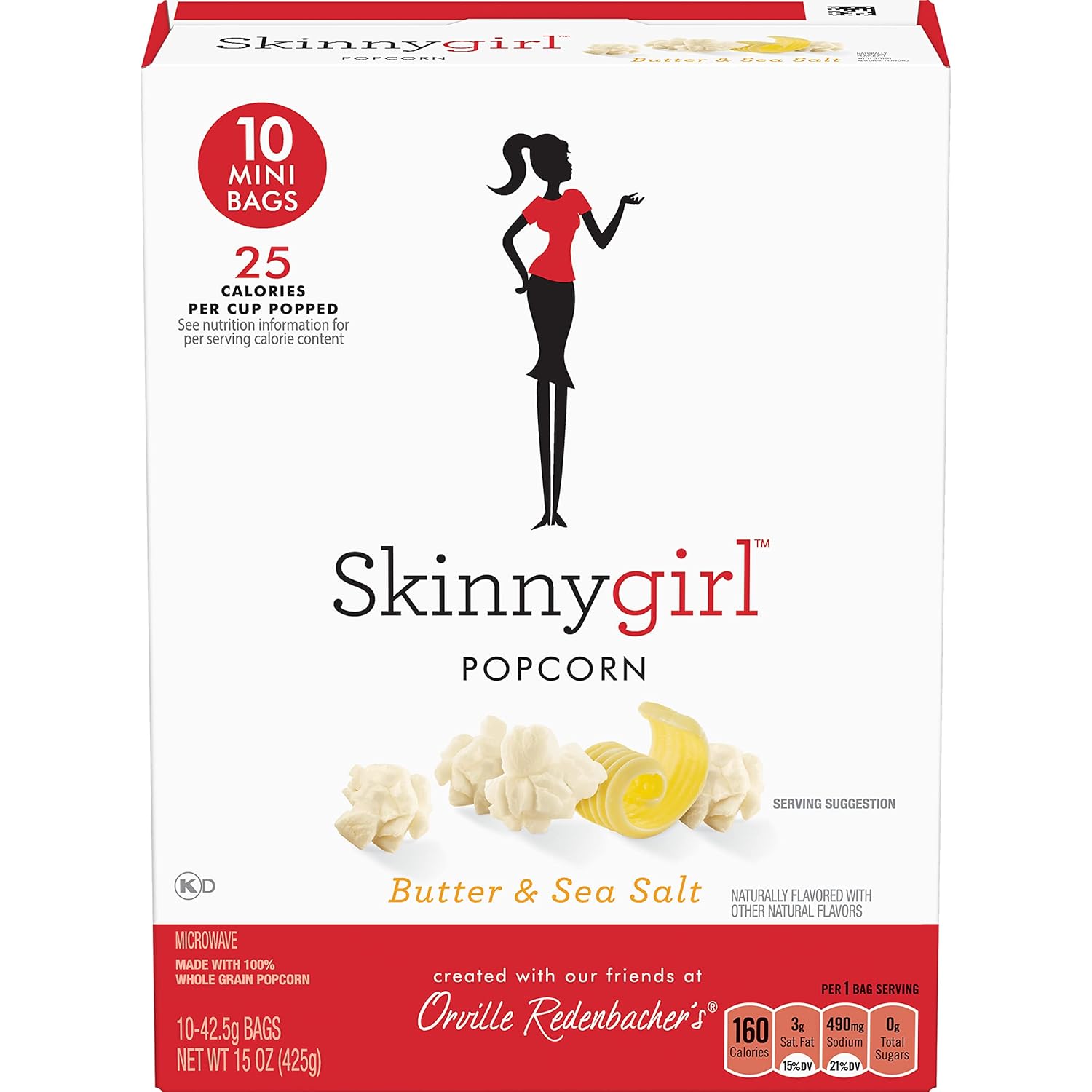 Orville Redenbacher’s Skinnygirl Microwave Popcorn Mini Bags, Butter & Sea Salt Flavor, 4g Fiber Per Serving, 1.5 oz., 10-Count (6 Boxes)