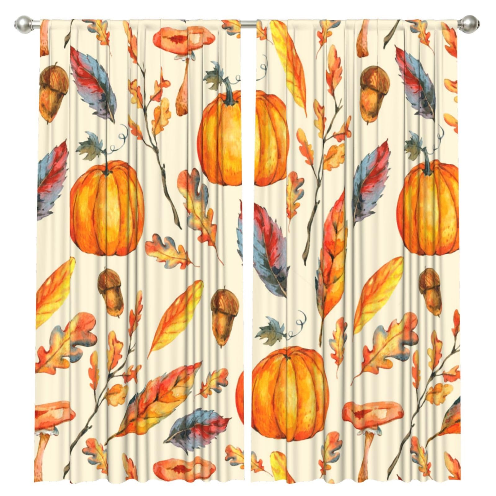 InOmak Watercolor Pumpkins Leaves Mushrooms, 2 Panels Window Curtains 52 x 84 Inch Blackout Curtains for Living Room Bedroom