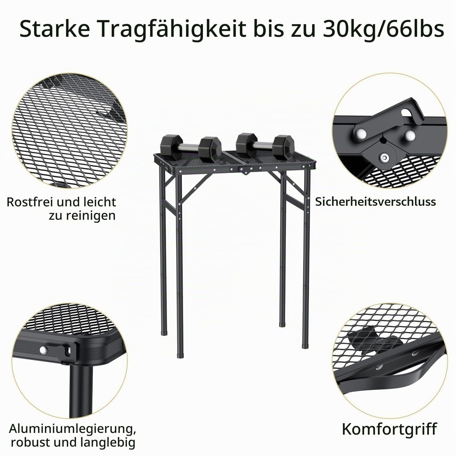 Anbte Campingtisch Klapptisch 60x40cm Aluminium Rahmen mit 3 Verstellbare Höhe 27/51/74cm Grilltisch mit Metallgitter Tischplatte Leicht Tragbar Beistelltisch für Garten Strand Picknick (Schwarz)