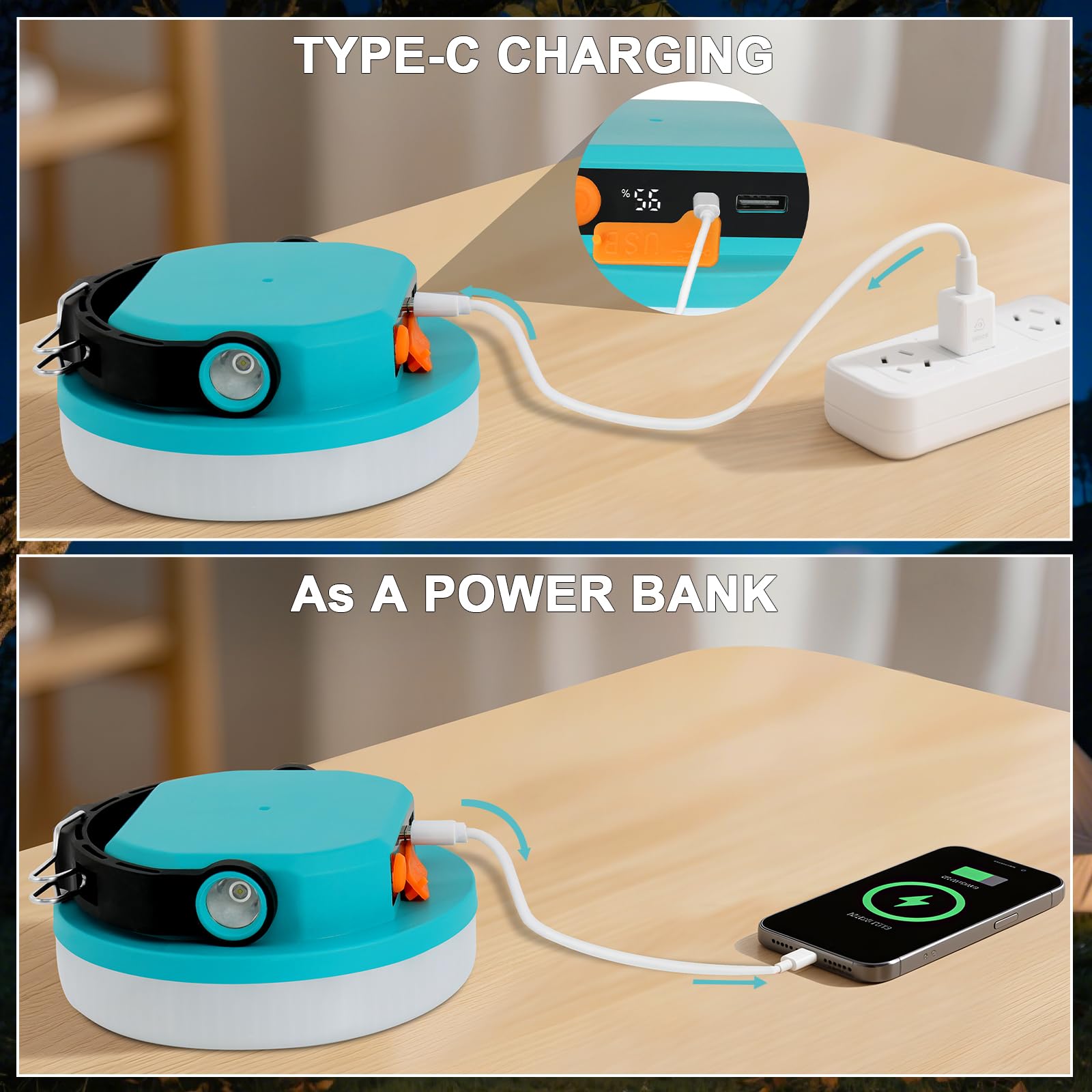 Luci da campeggio ricaricabili, 100 W 6000 mAh, lanterna da campeggio a LED per interruzioni di corrente, luce impermeabile per tenda di emergenza per campeggio con gancio magnetico, power bank e