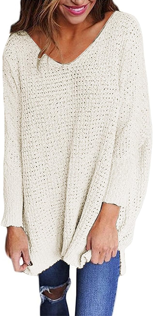 Women's Oversized Knitted Sweater V Neck Blouse Loose Jumper Pullovers, White, Medium