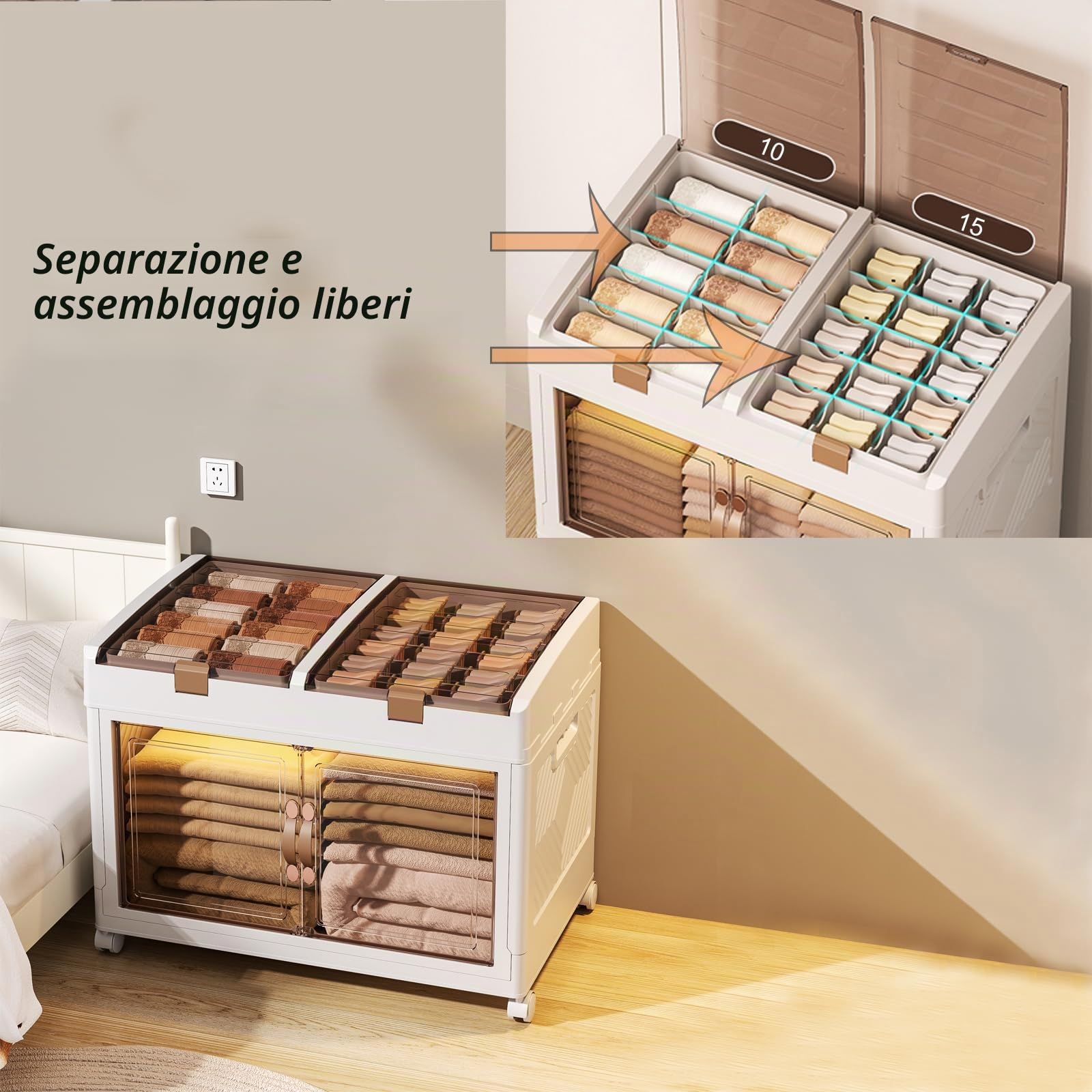Scatola di stoccaggio in plastica con coperchio, organizer pieghevole da 72 l, unità di stoccaggio impilabile con ruote, scatole di stoccaggio con porta apribile per cucina, bagno interno ed esterno