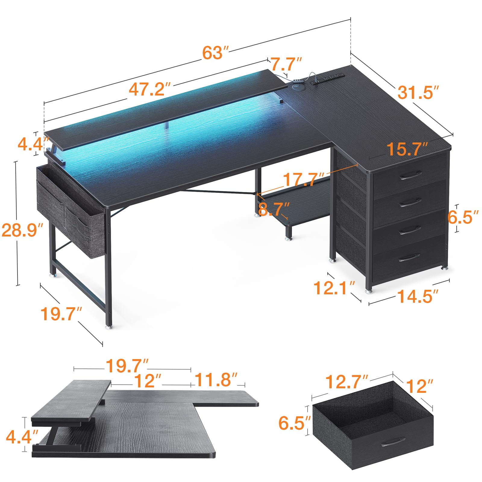ODK 63" L Shaped Computer Desk with 4-Tier Fabric Drawers, Gaming Desk with USB Power Outlets & Charging Port & CPU Stand & Monitor Stand for Home Office Workstation, Corner Desk, Black