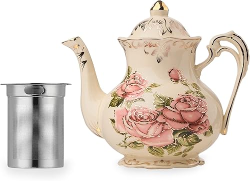 YOLIFE Tetera con infusor de acero inoxidable, tetera de cerámica de 42 onzas con diseño floral y de hoja dorada para té de hojas sueltas, perfecta