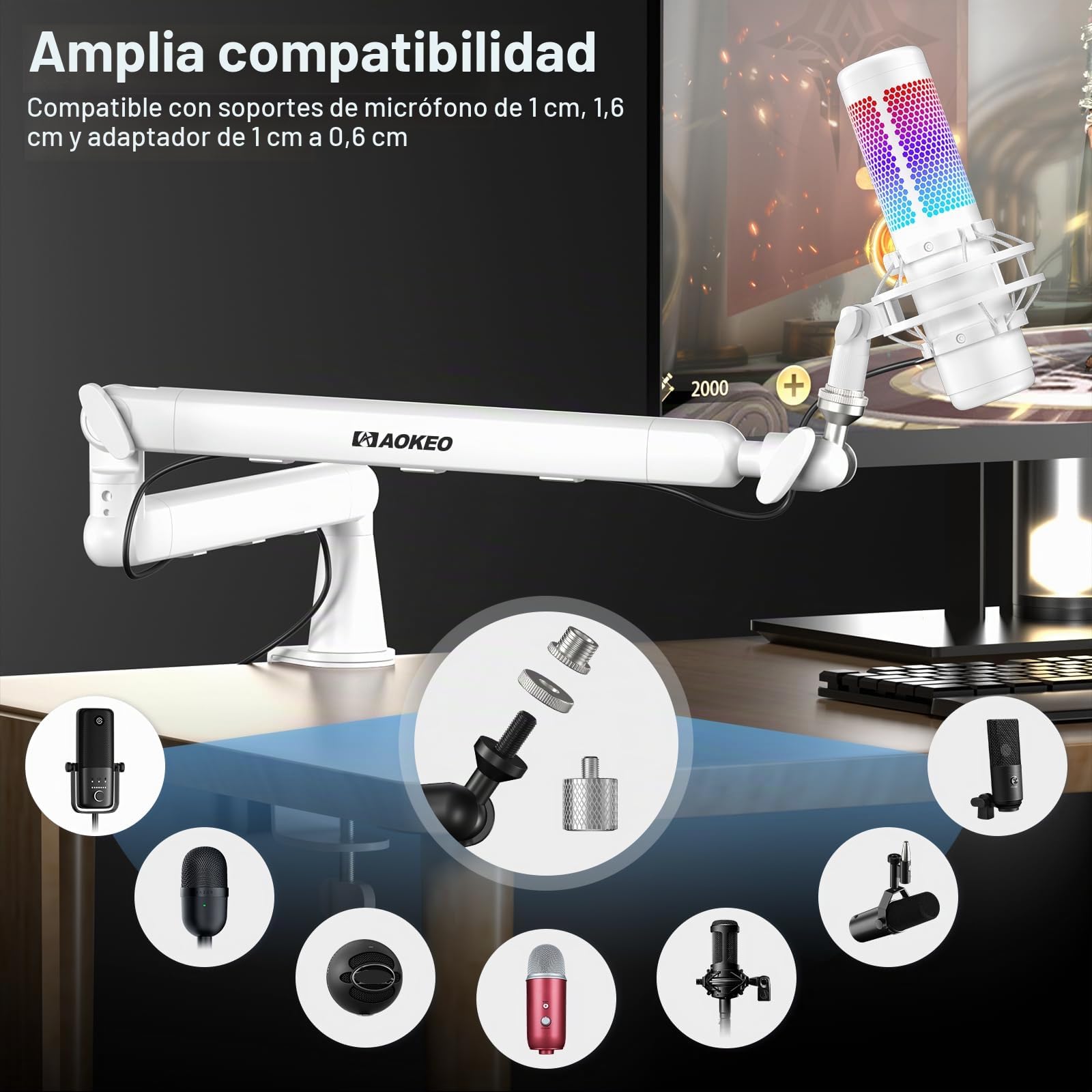 Aokeo AK-55 - Brazo de micrófono ajustable de perfil bajo, adecuado para Blue Yeti, Snowball iCE, HyperX QuadCast, SoloCast, Elgato Wave, etc