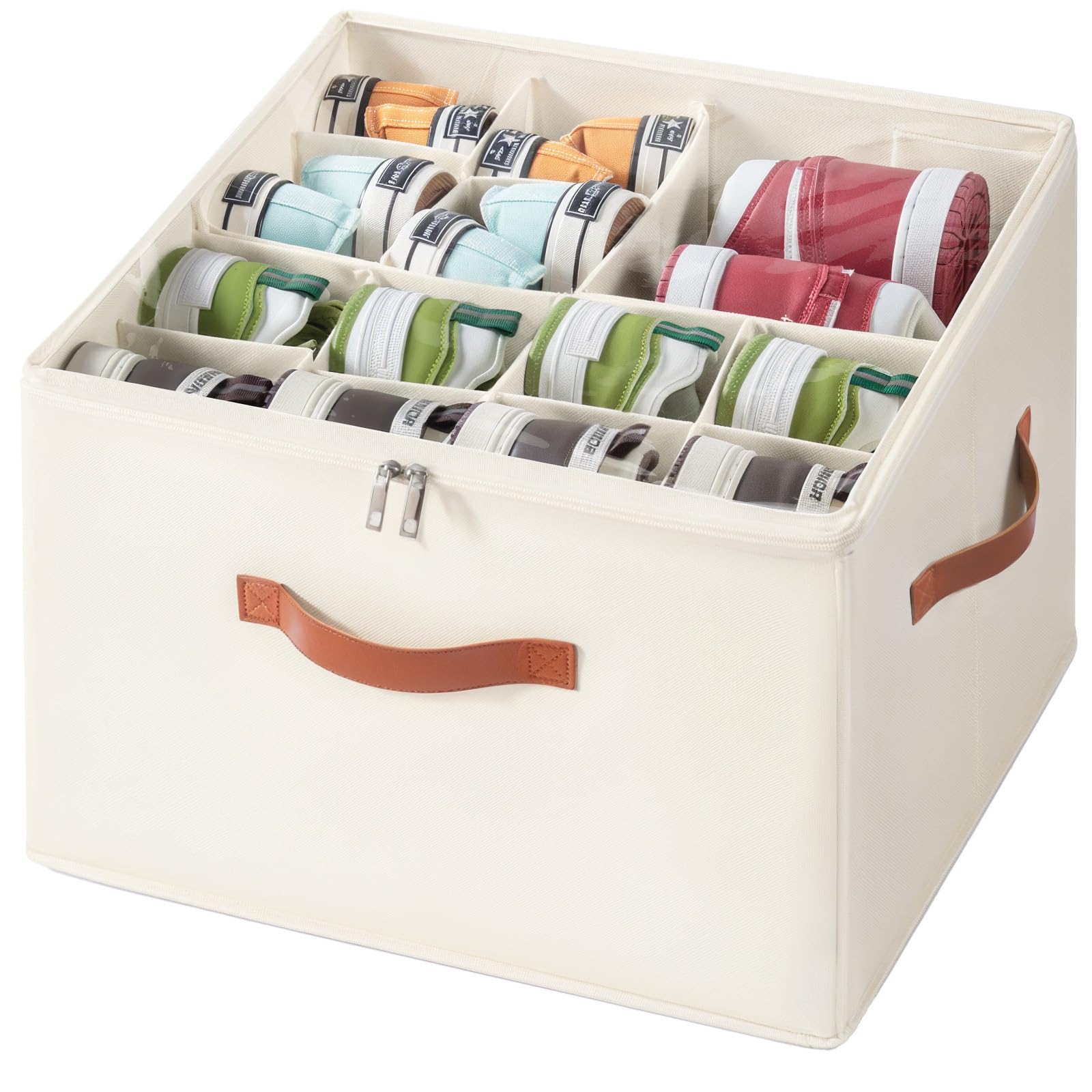 Corkovia Organizador de Zapatos Ajustable para Armario, Cajas Almacenaje Zapatos de Tela con Cubierta Transparente, Shoe Organizer Plegable con 3 Asas, Guarda Zapatos Apta para 8-16 Pares, Beige