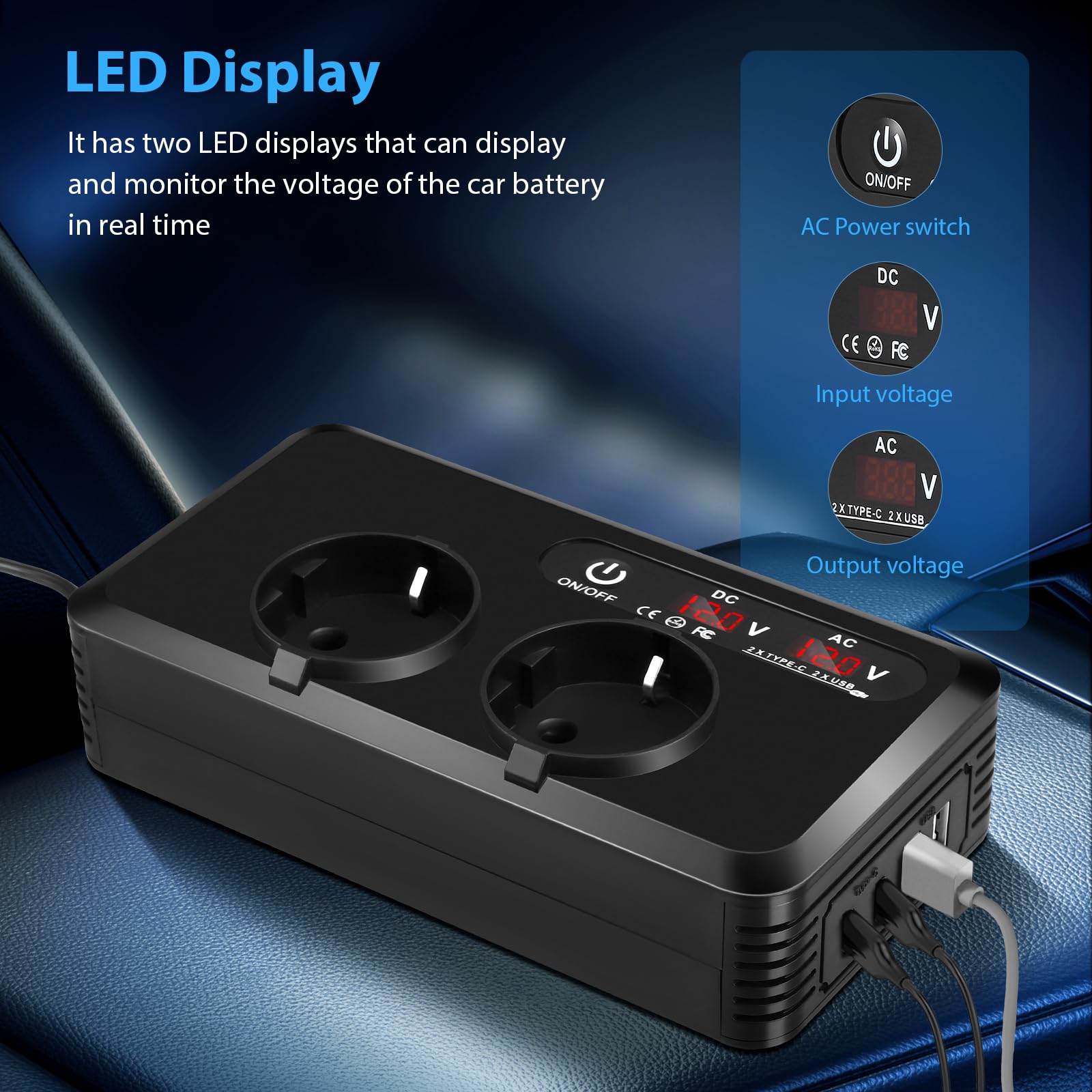 Encendedor de cigarrillos para coche CC a CA, inversor con doble pantalla LED, 200 W, convertidor de voltaje de 12 V a 230 V, con 2 enchufes y 2 USB-C 2 USB-A, cargador de coche con enchufe para
