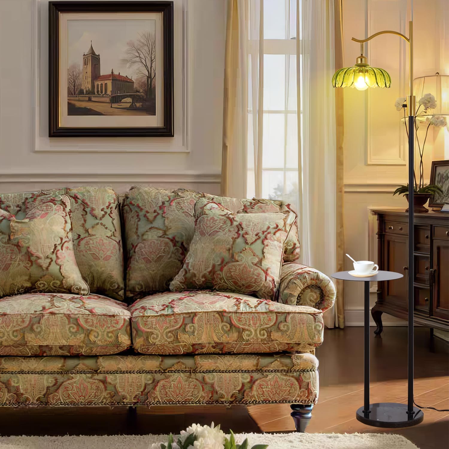 Vintage Dimmable Arc Floor Lamp with Side Table and Marble Base, Farmhouse Standing lamp with Green Glass Lampshades for Living Room Bedroom