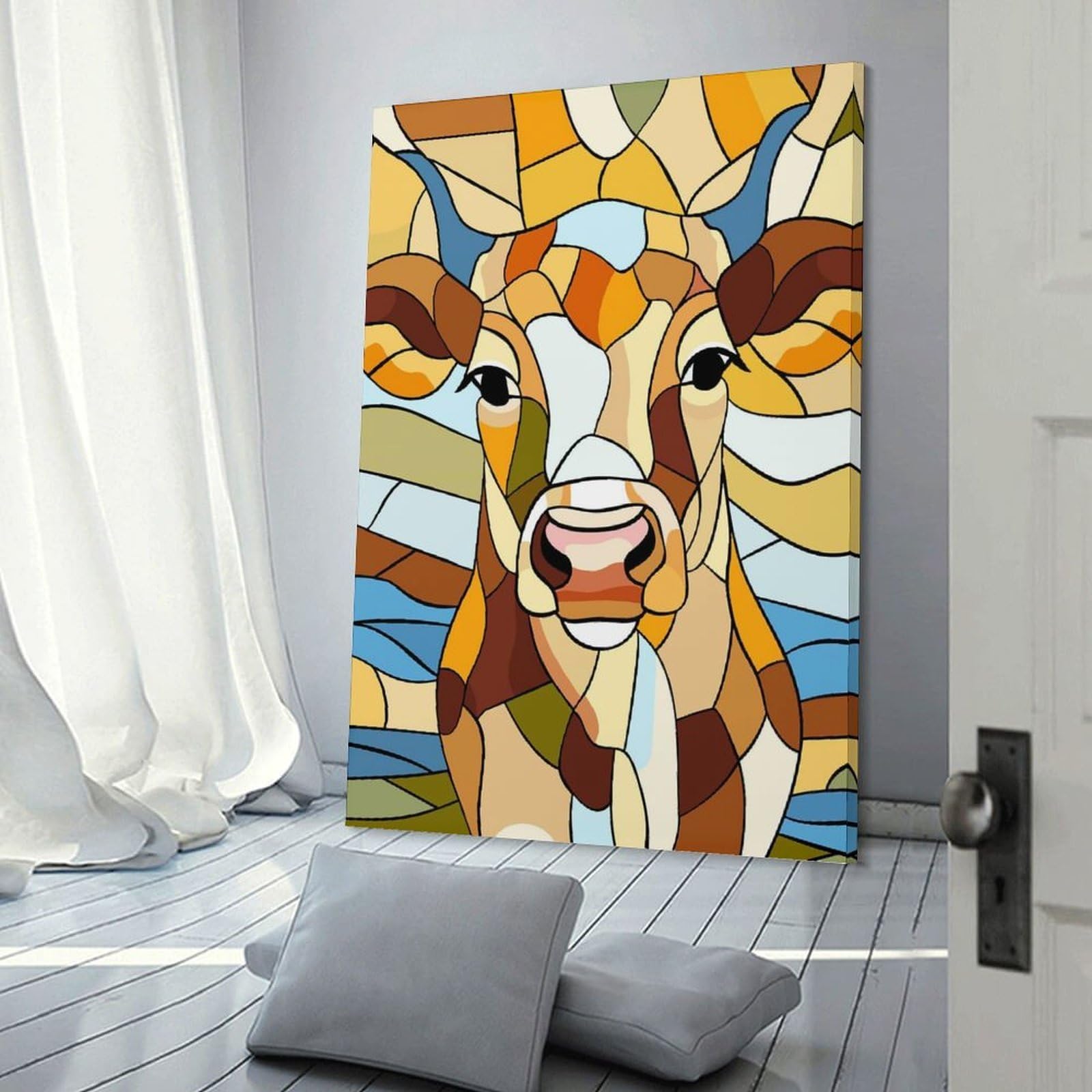 Junmoney Frame-Style-9 Stained Glass Cow Portrait Canvas Wall Decor 12X18inch(30X45cm), For Workspace Walls, Study Corners Or Bedrooms, Decorative Artwork For Productive Spaces