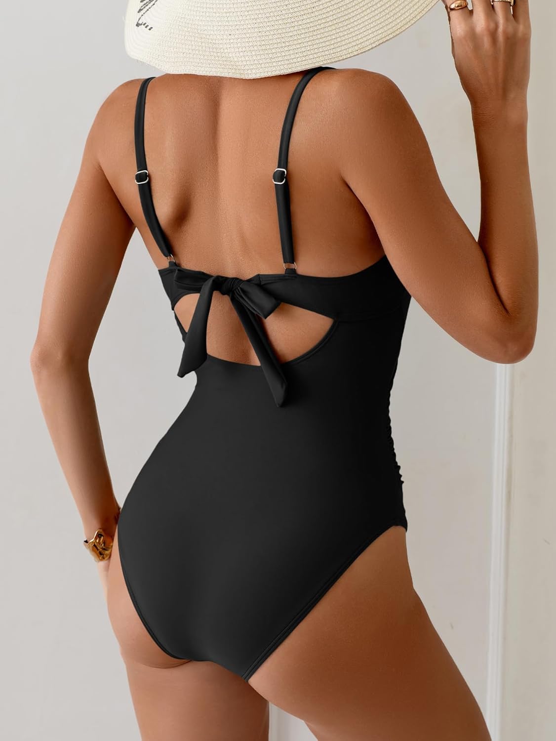 One Piece Swimsuit for Women Tummy Control Square Neck Bathing Suit Tie Back Cutout Swim Suit with Spaghetti Straps - Image 3