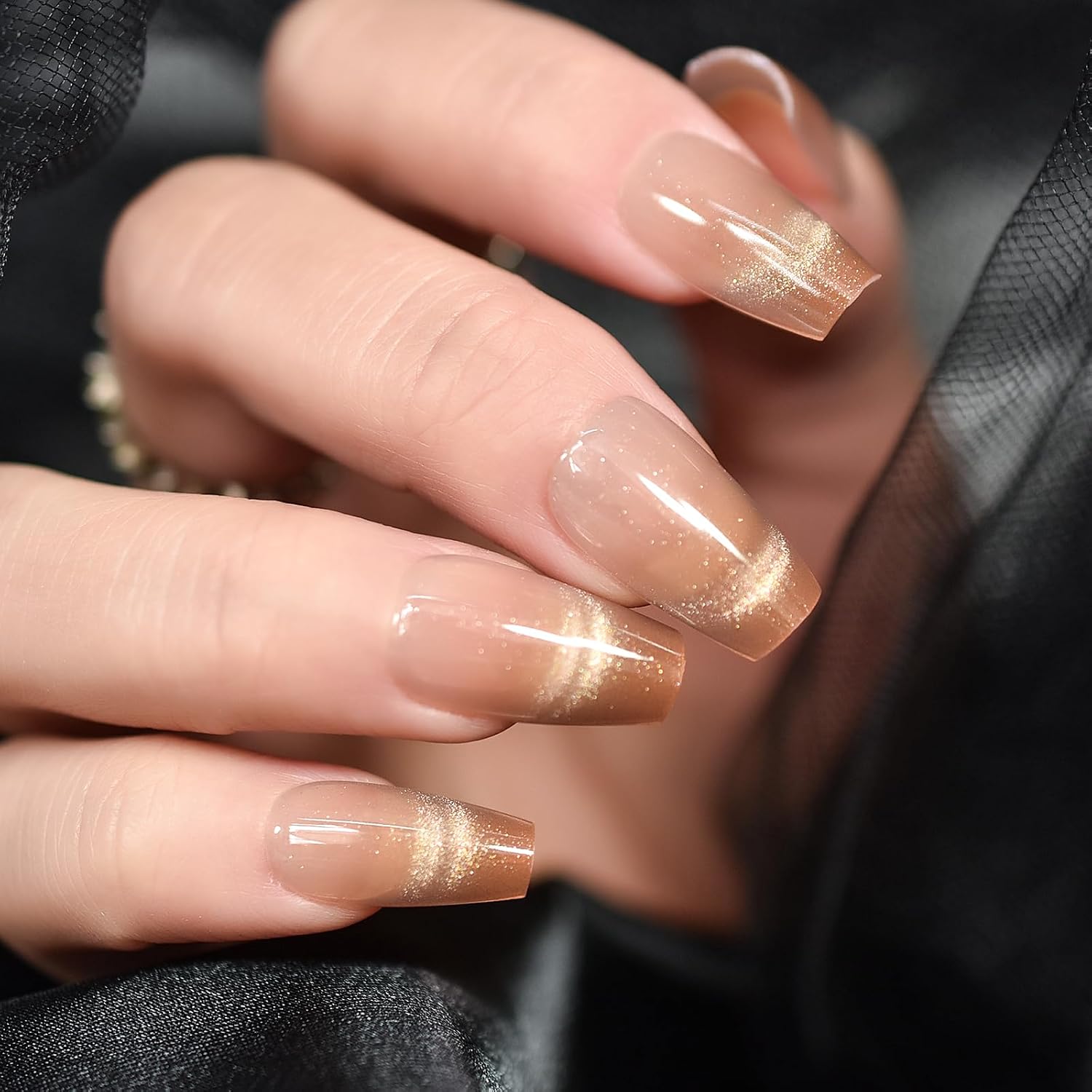 ELEVENAIL Press on Nails Shimmery Orange False Nails Medium Length Cat Eye Nail Art Tips Reusable Fake Nails Artificial Finger Nails Gifts for Women and Girls-30pcs