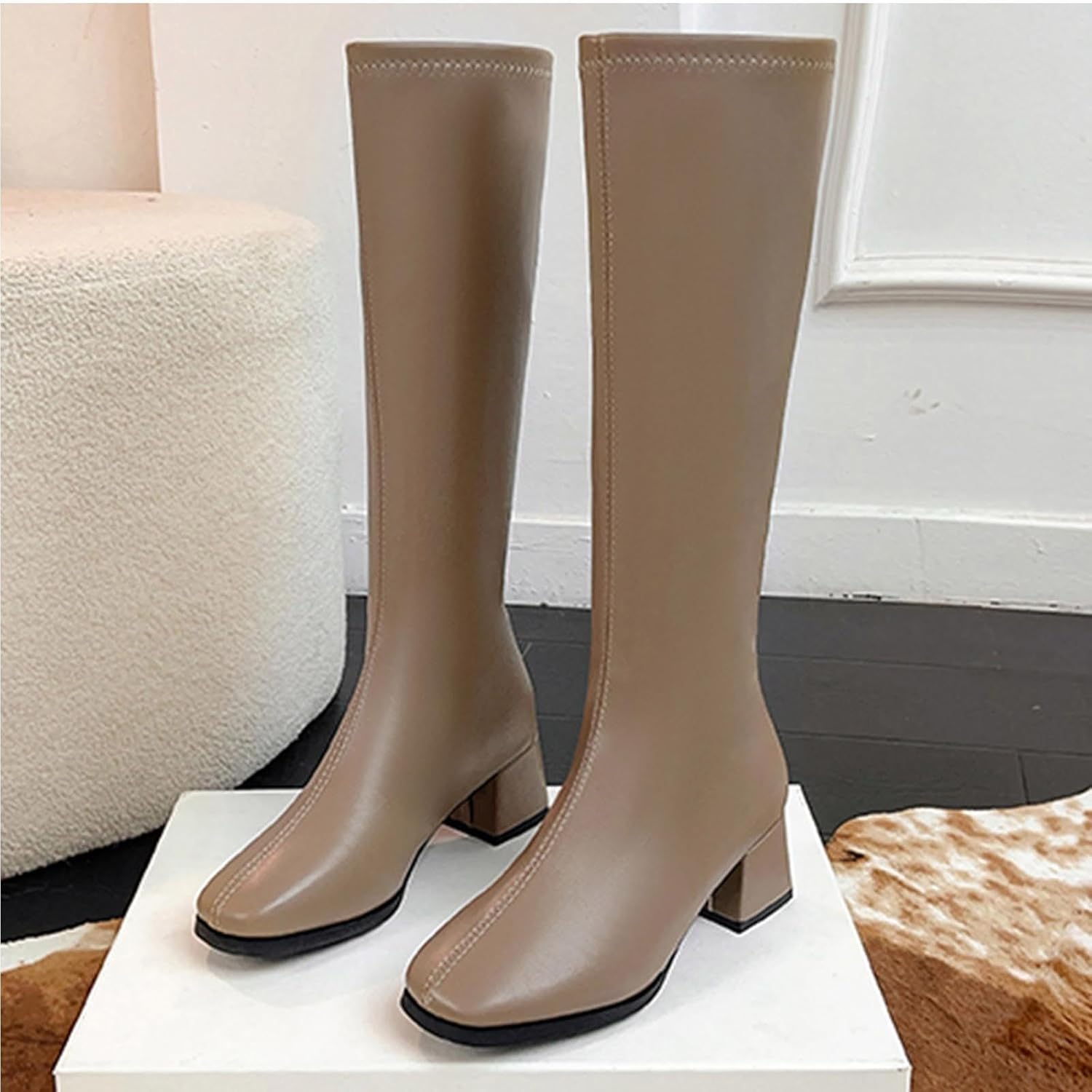Women's Knee High Boots Chunky Heel Fashion Boot, Slimming Solid Color Pointed Toe Long Booties for Warm Winter