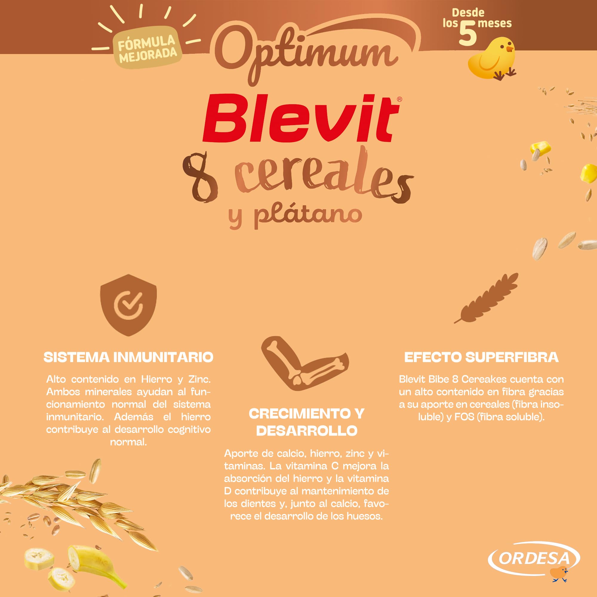 Blevit Optimum 8 Cereales y Plátano | 250g | Papilla para Bebé con 85% de Cereales - Copos de Plátano, Vitaminas, Minerales y Fibra