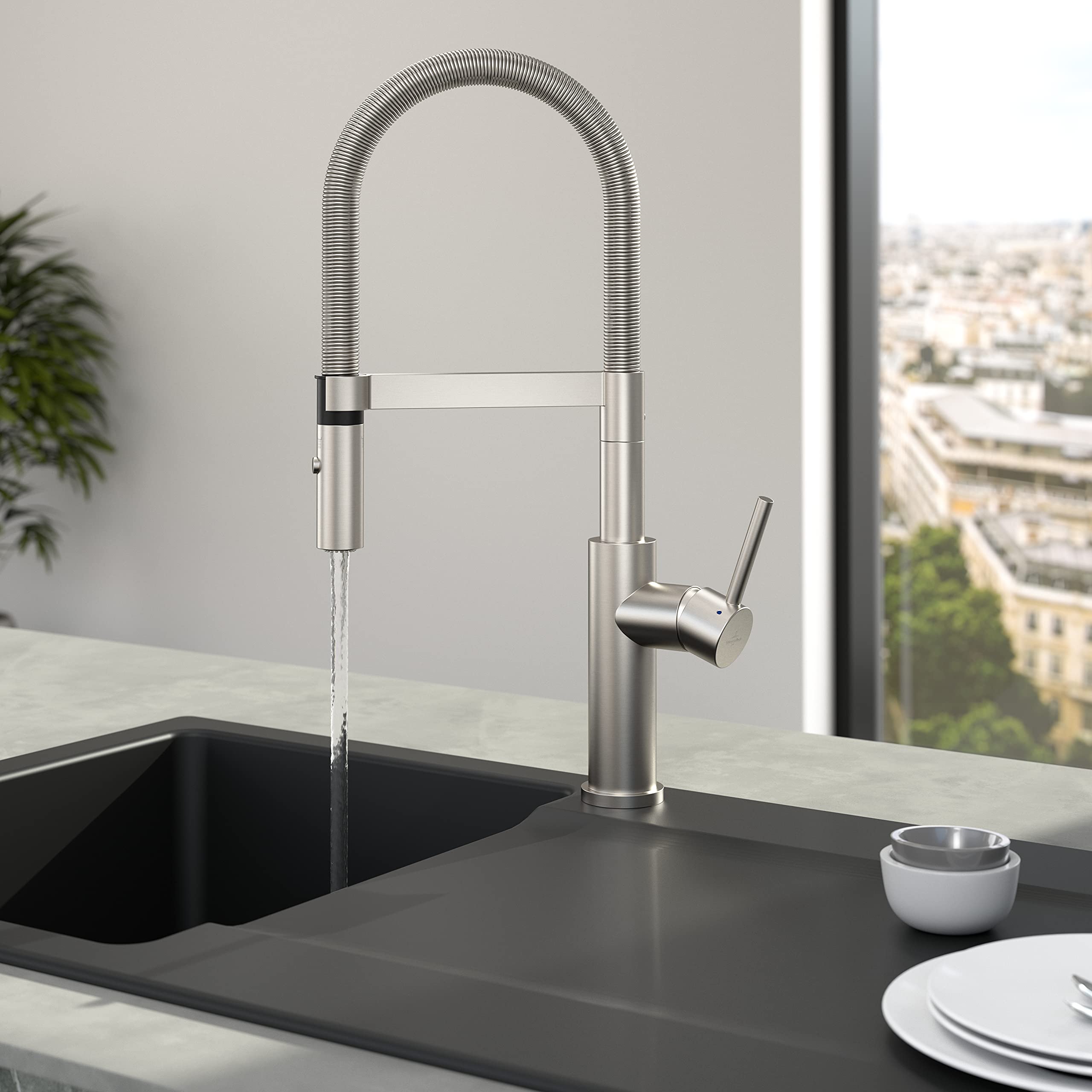 Villeroy & Boch Steel Expert 2.0 grifería de cocina, alta presión, con función de conmutación y desagüe orientable, grifo de fregadero de bajo consumo, altura del caño 170 mm, acero inoxidable