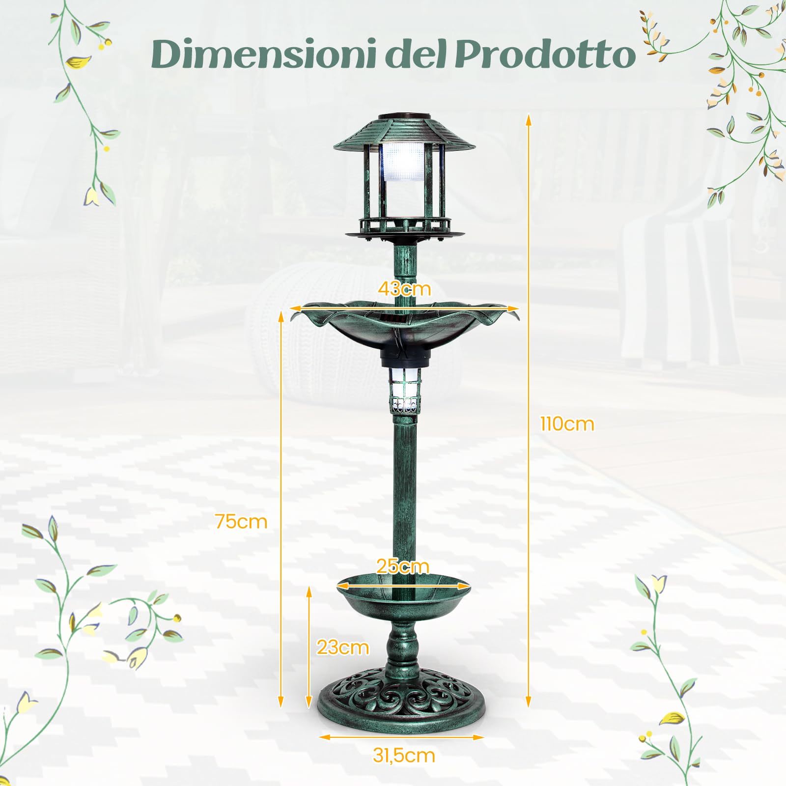 COSTWAY Vasca per Uccelli da Giardino a Energia Solare, Abbeveratoio e Mangiatoia per Uccelli da Esterno con 2 Lampade a Energia Solare, Fioriera e Supporto Riempibile (Verde)