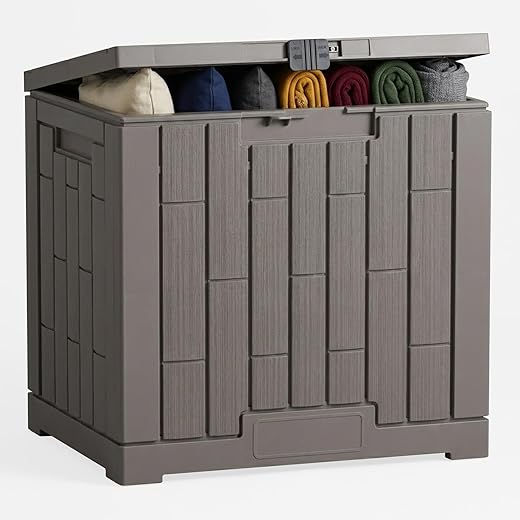 Outdoor Storage Box, 30 Gallon Resin Waterproof Deck Box, Lockable, Built-in Handle, Outside Storage Container for Patio, Garden and Garage