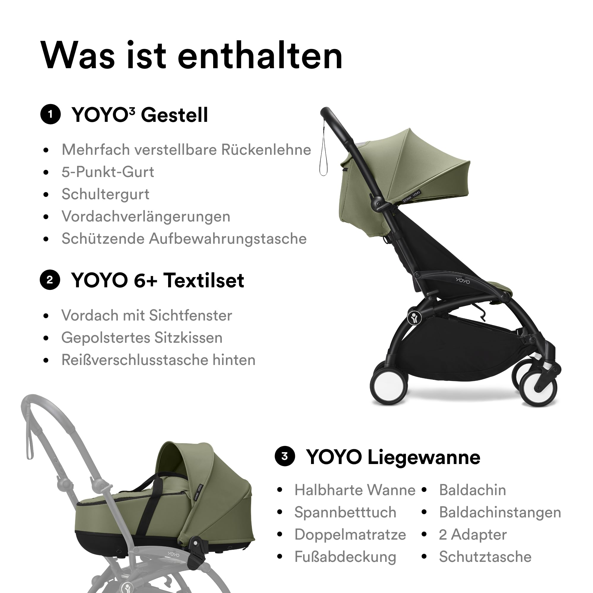 Stokke YOYO3 Kinderwagen mit Liegewanne schwarzem Rahmen YOYO 6+ Textilset Olive