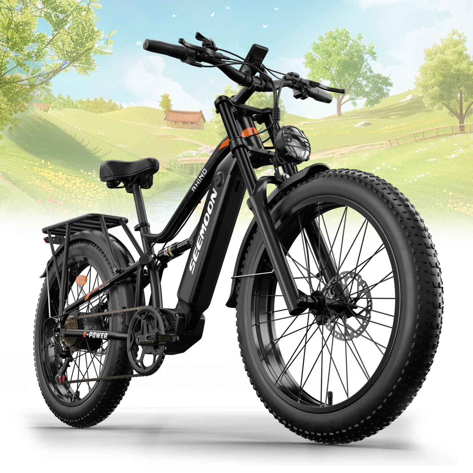 SeemoonPeak 3000W(Dual Motors)/1500W Electric Bike for Adults,52V 21Ah/19Ah 26" Fat Tire Fast Ebike,Max 38 mph up to 100 Miles,Full Suspension Hydraulic Disc Brake,Off Road Mountain Hunting for Men
