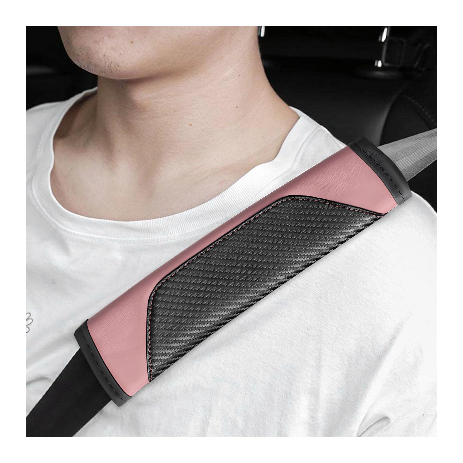 Sun Walker 2 PCS Car Seat Belt Cover, Carbon Fiber Soft Leather Auto Safety Belt Protective Cushion, Breathable Seatbelt Strap Pad for Protecting Your Neck &amp; Shoulder, Car Accessories (Pink)