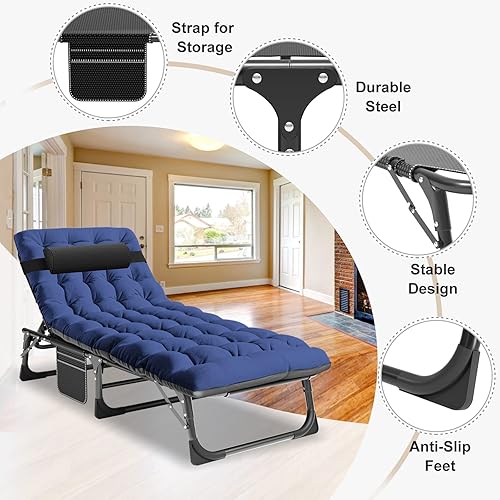 Miniatura 6 de ABORON Cunas de camping de 5 posiciones para adultos, catre de dormir plegable al aire libre, tumbona plegable con almohada, silla reclinable