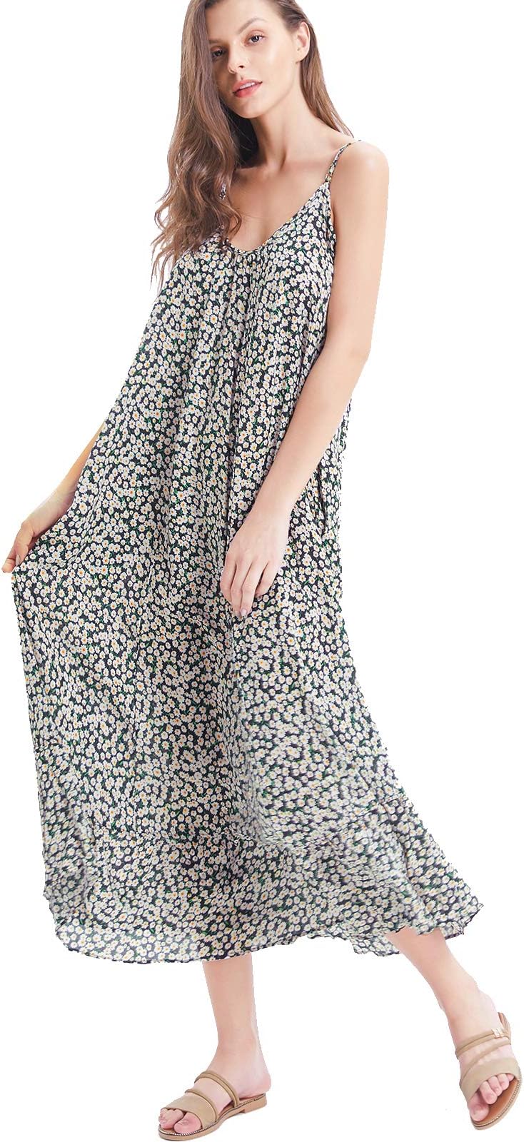 Women's V Neck Floral Maxi Dress Boho Printed Adjustable Spaghetti Strap Ethnic Beach Long Dress with Pockets