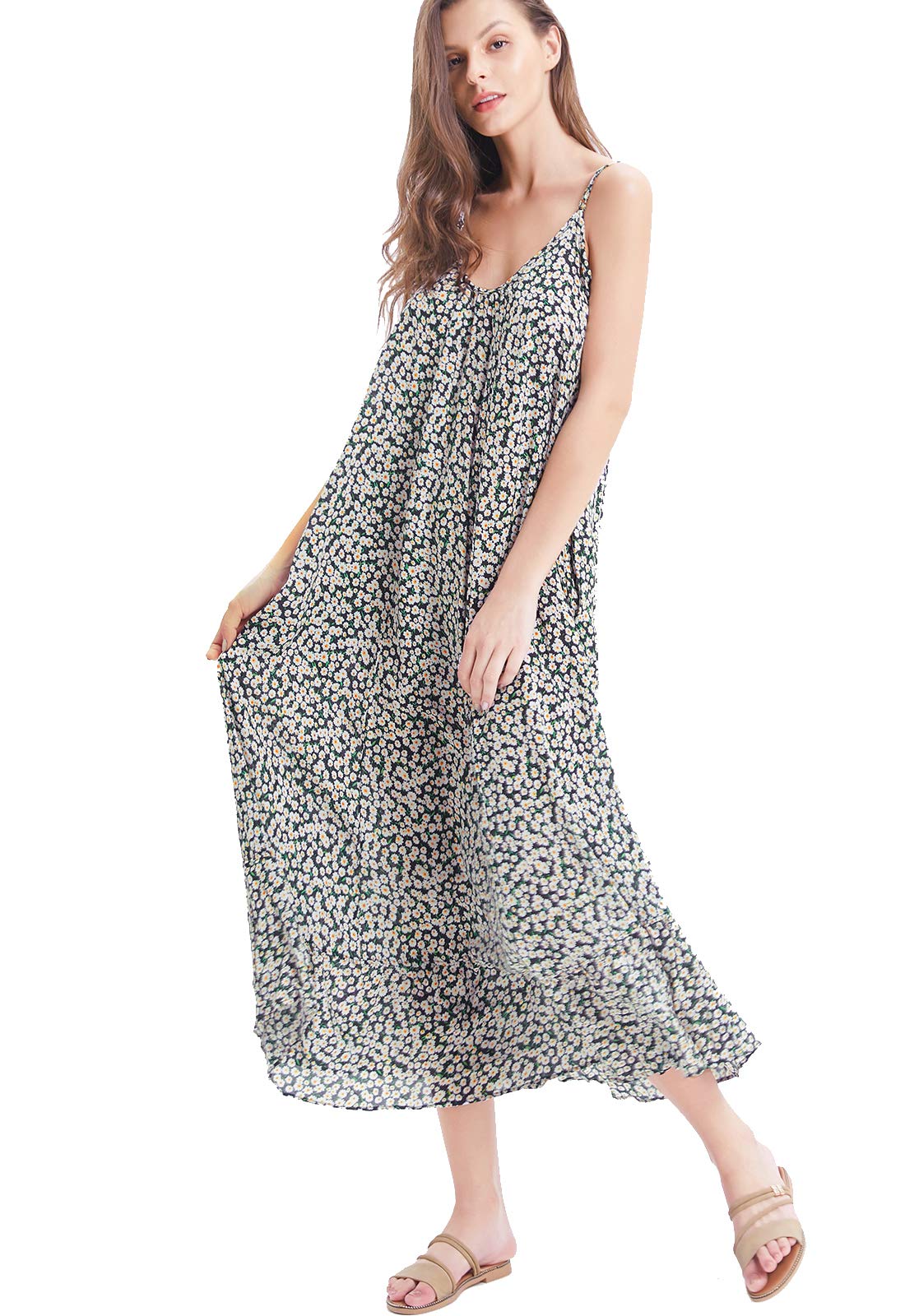 BUENOS NINOSWomen's V Neck Floral Maxi Dress Boho Printed Adjustable Spaghetti Strap Ethnic Beach Long Dress with Pockets