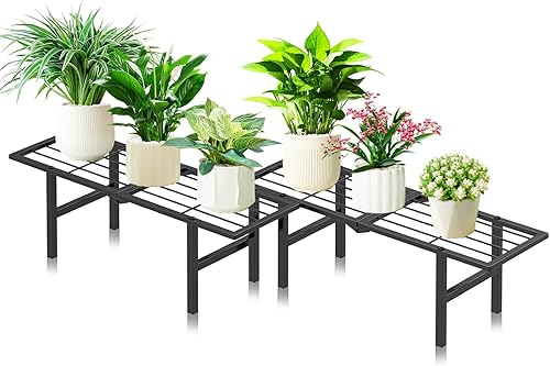 Soporte para plantas de 1 nivel para interiores y exteriores, paquete de 2 estantes plegables de metal resistente, soporte para macetas de