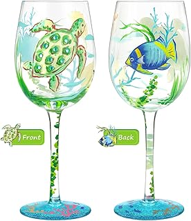 NymphFable 100% Hand-Painted Wine Glass Ocean Turtles Seagrasses Glass Artisan Painted Glass 15oz Gift for Friend Family (1 Piece)