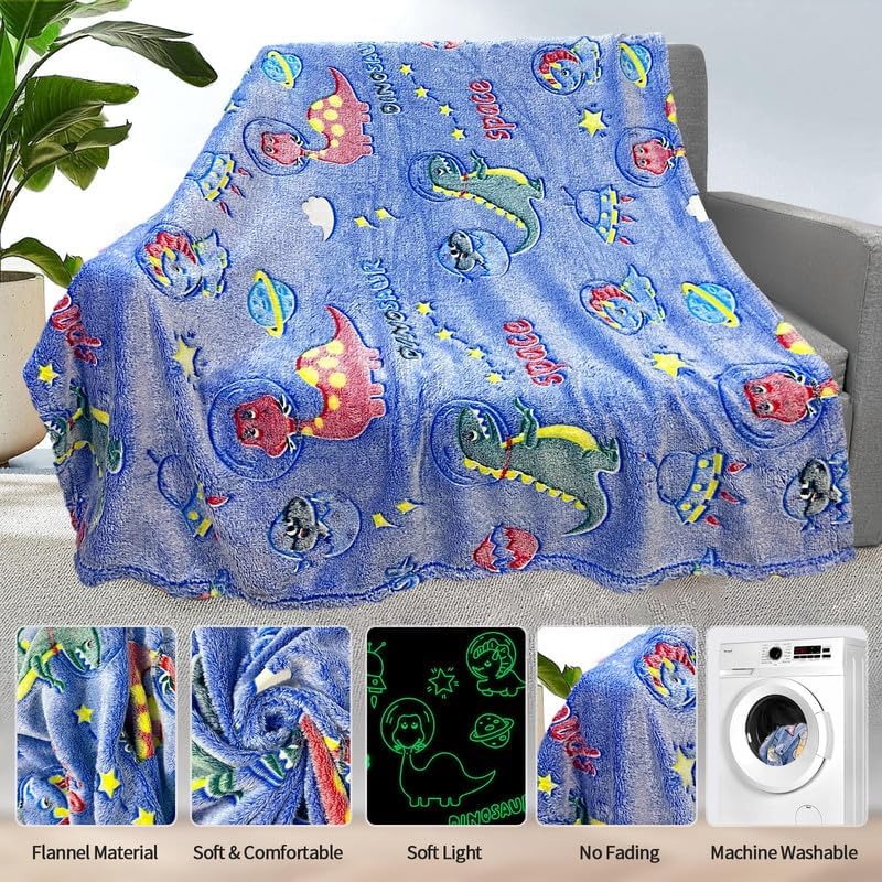 Image of Personalized Dinosaur Blanket for Boys - Glow in The Dark, Soft Fleece Throw for Kids, Toddlers - Birthday Gift, 30 inchx 40 inch