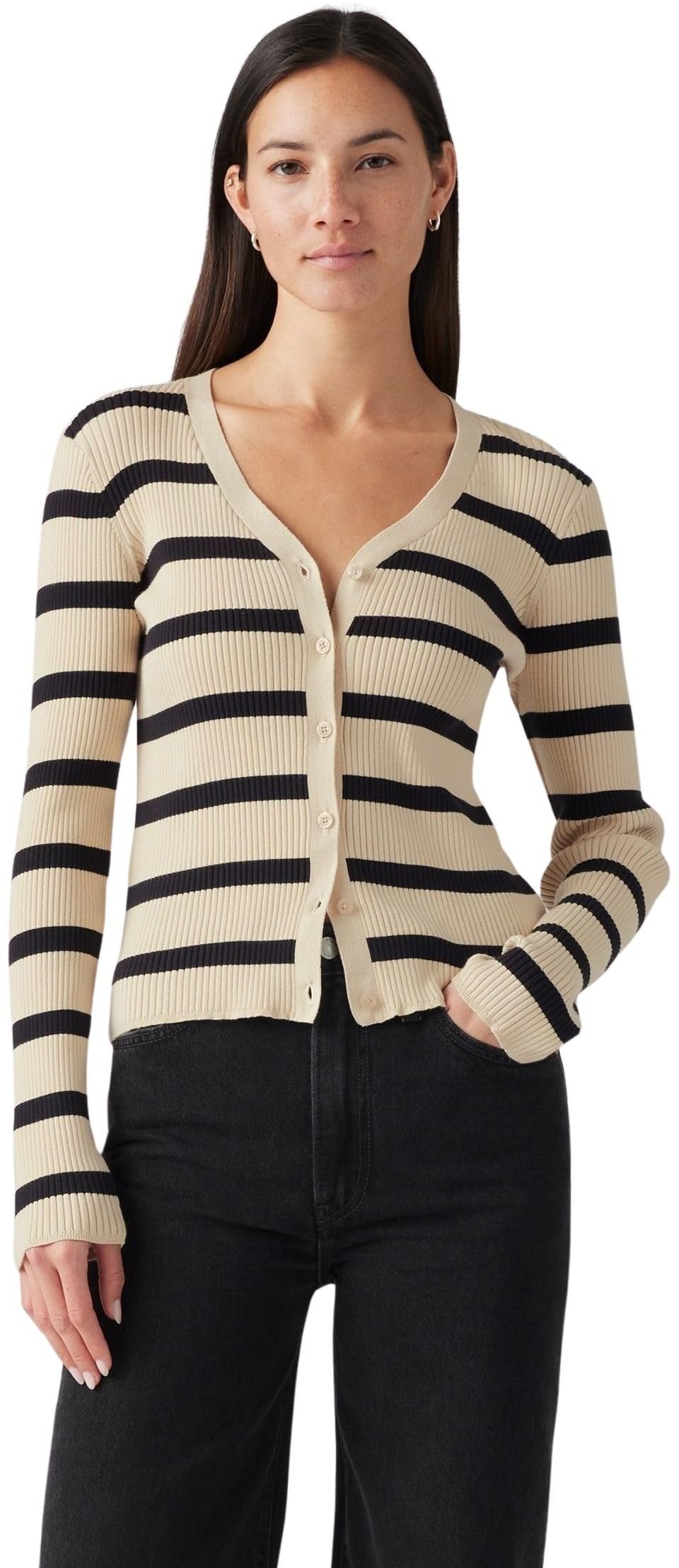 Levi's Women's Redwood Stripe Creme Brulee - Multi Colour Cardigan Tulip With V-Neck, Slim Fit, Beige (Redwood Stripe Creme), M