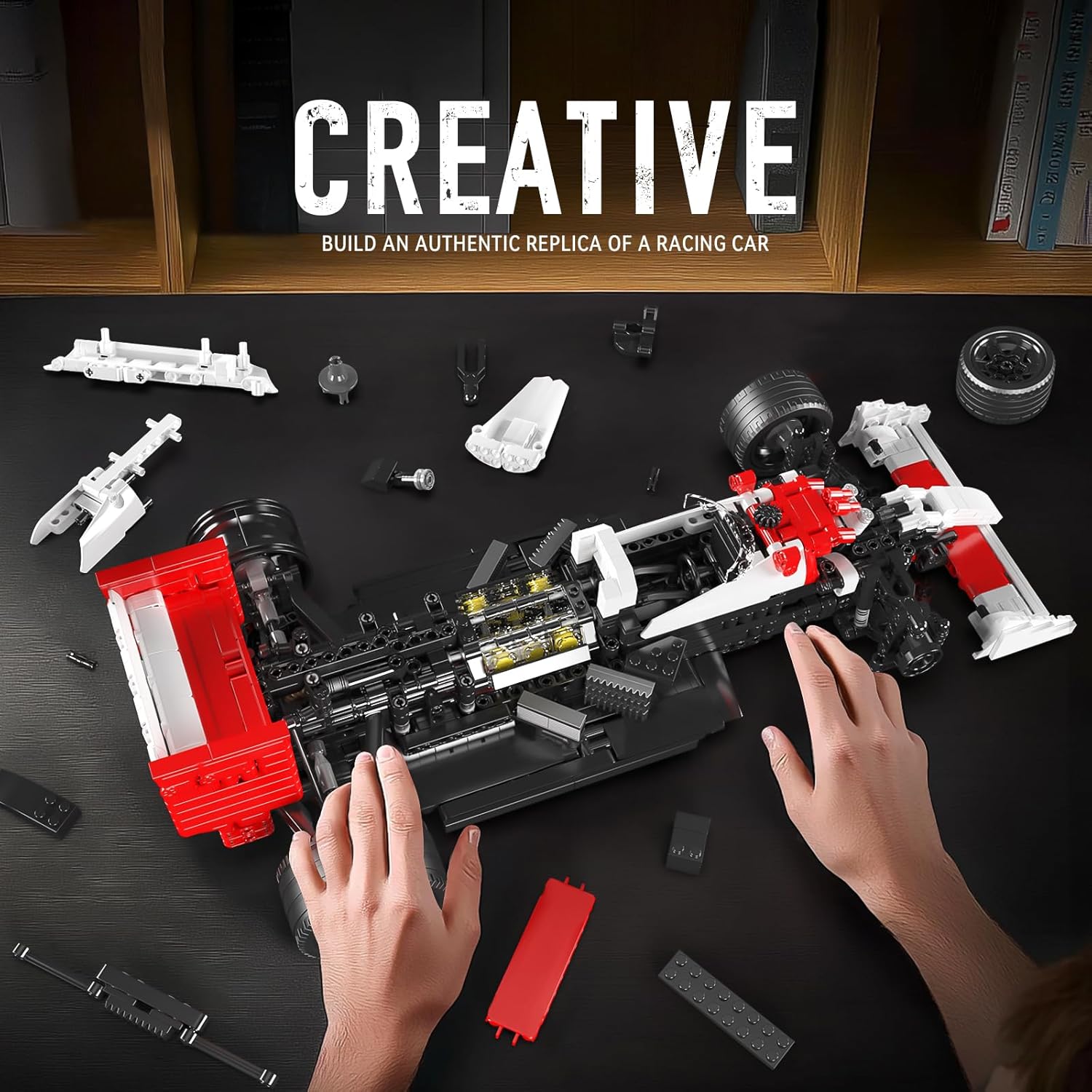 Hands assembling the Mould King 10132 Formula Racing Car model