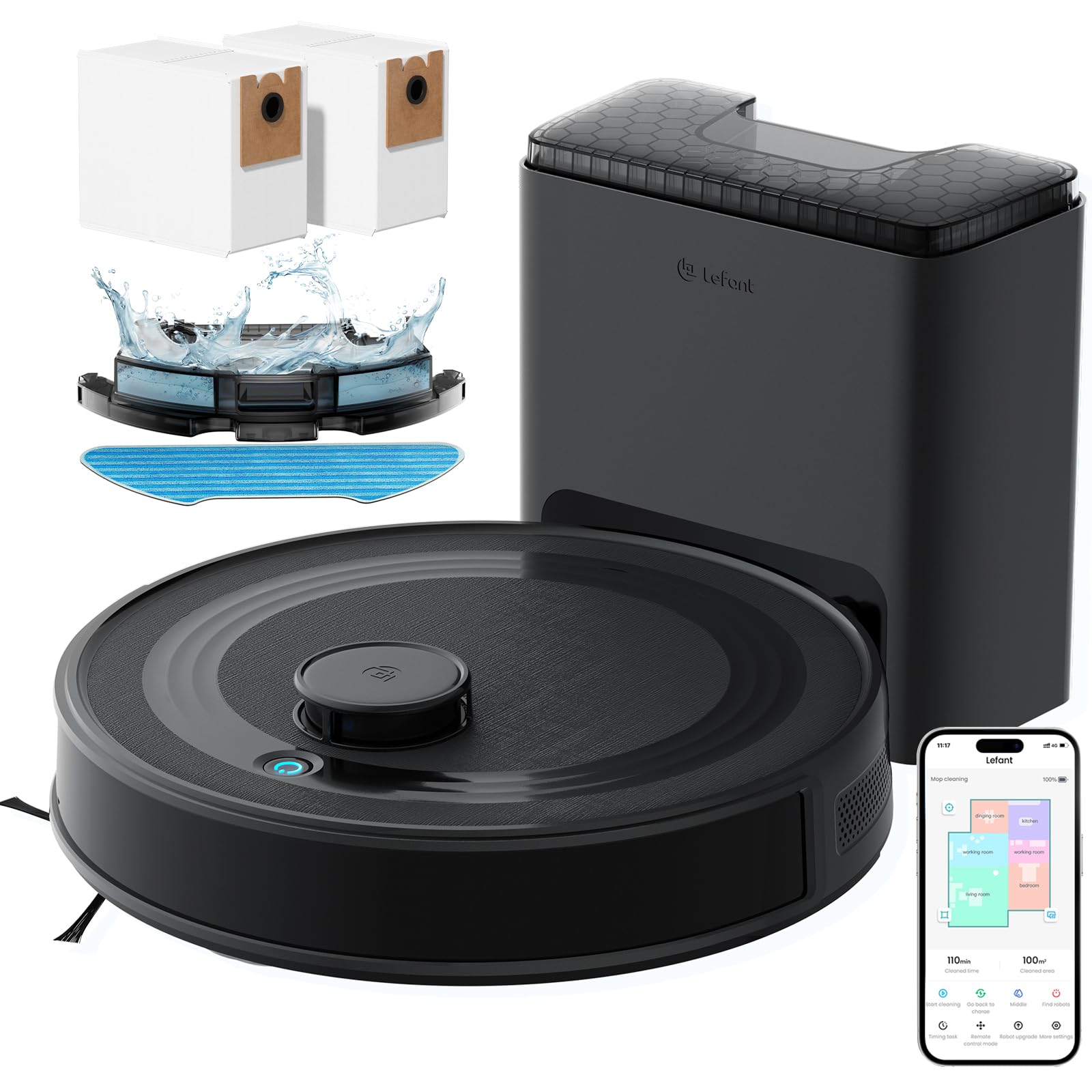 LEFANT M2 Plus Robot Aspirapolvere Lavapavimenti con Mappatura, Navigazione Laser dToF +Ostacoli PSD, 6000Pa, Stazione di Raccolta 2,2L, Pulizia Personalizzata, WiFi/App/Alexa