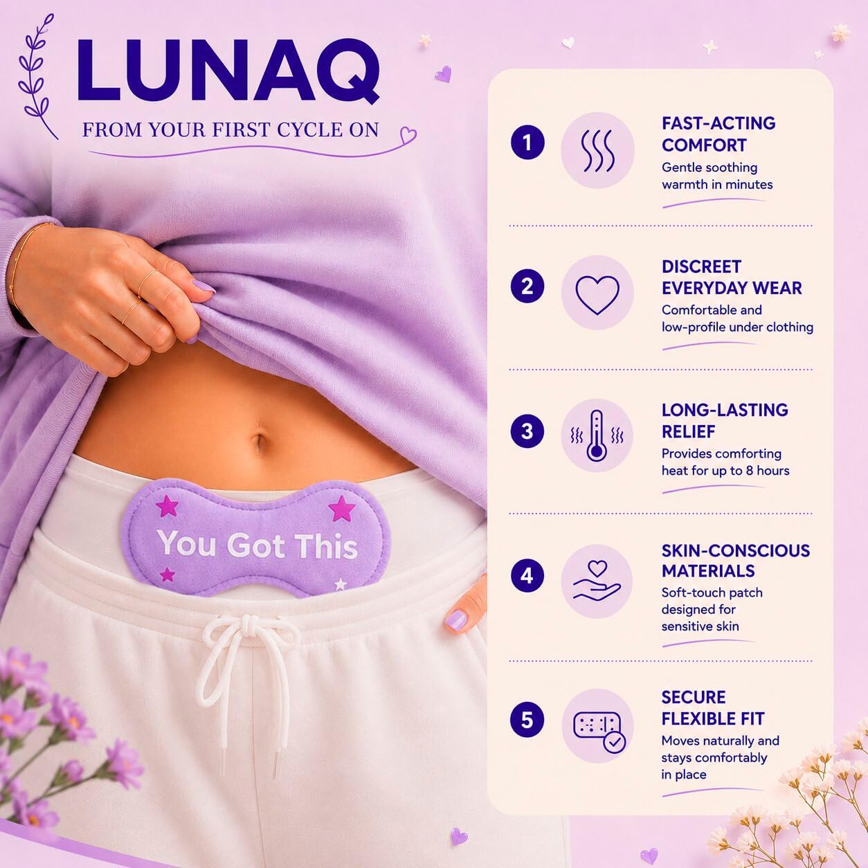 LUNAQ Menstrual Heating Patches for Period Cramps, 12 Count - Disposable Heating Pad Period Cramps Relief - Period Pain Relief kit Heat Patch for Teen Girls, Tweens & Women - 6 Designs