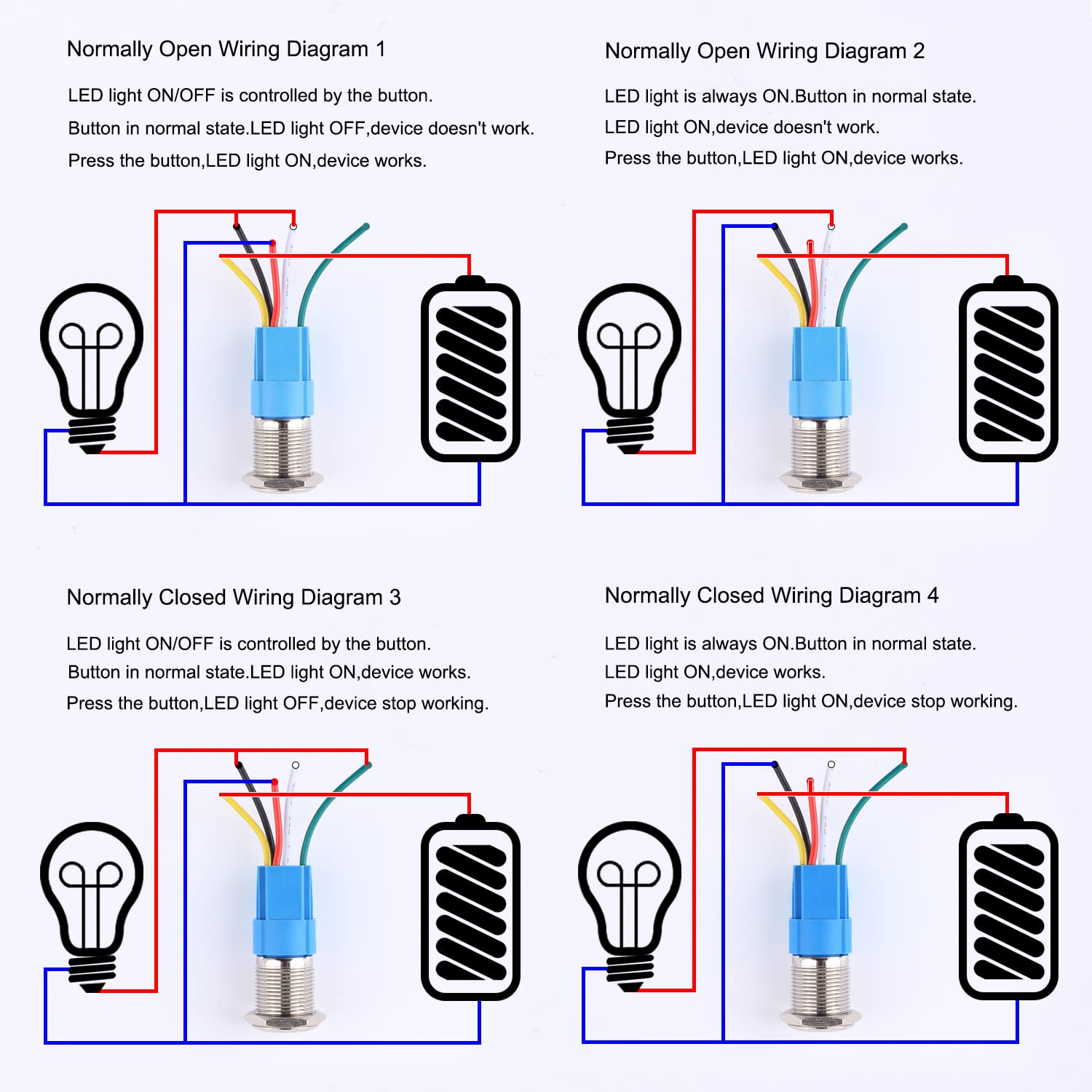 2Pcs 16mm Latching Metal Push Button Switch 12V-24V On-Off 1NO 1NC Self-Locking Waterproof Silver Shell with Socket for 5/8" Mounting Hole Power Symbol (Blue Led)