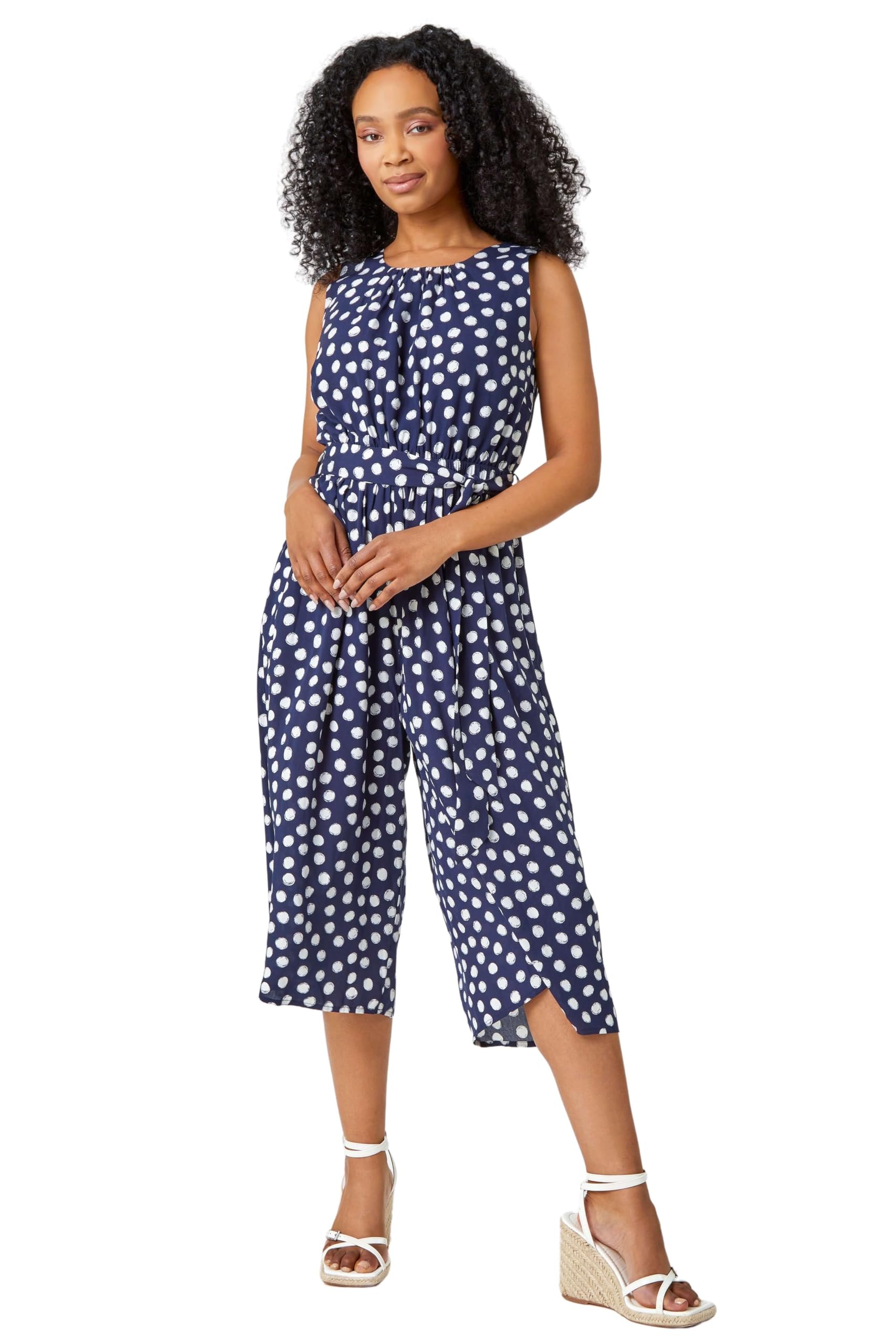 Roman Originals Women's Navy Roman Petite Polka Dot Cropped Jumpsuit For Uk - Everyday Holiday Spring Summer Round Neckline Comfy Soft Evening Vacation Work Party - Size 16 Petite