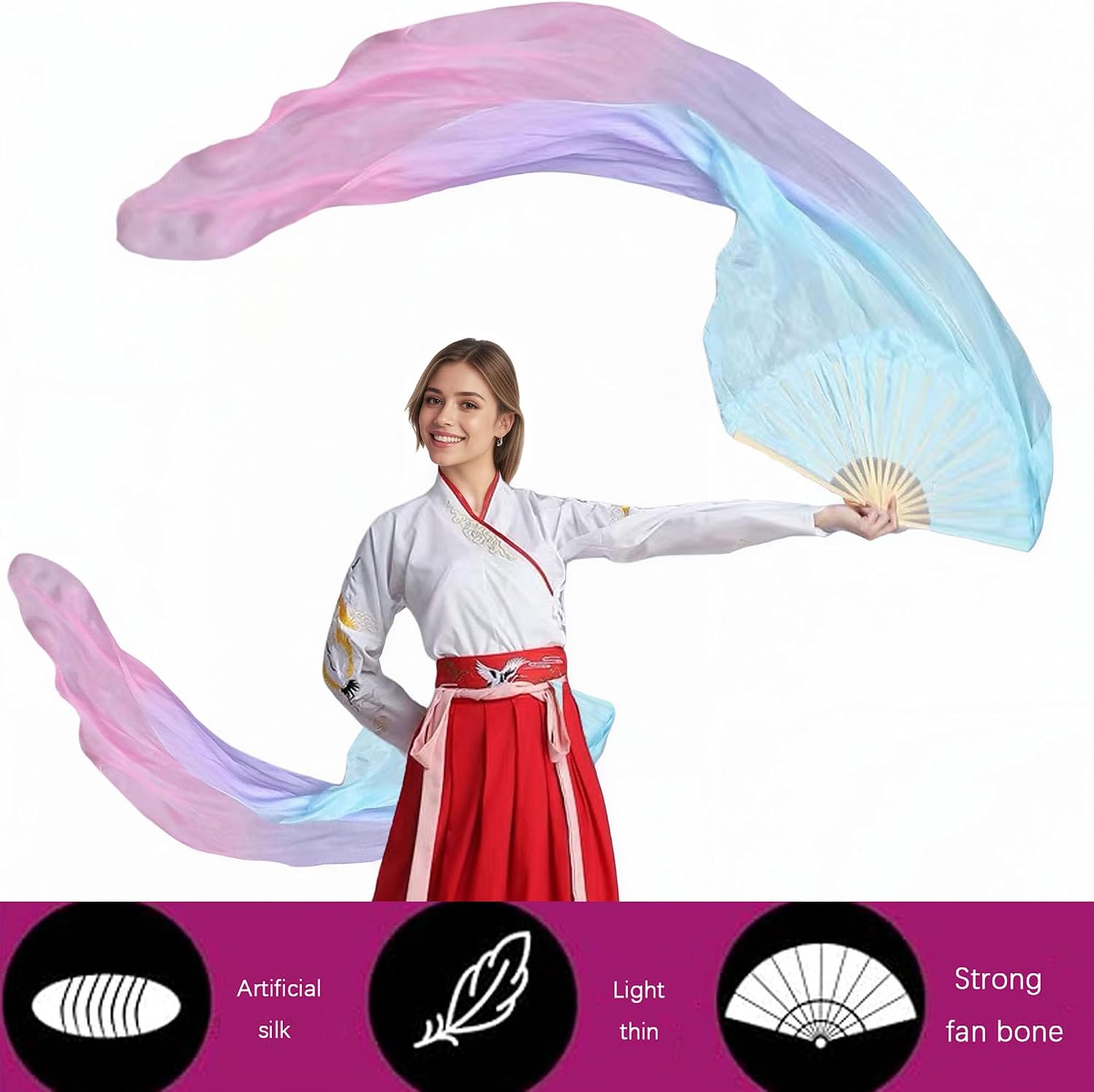 4 Pairs Faux Silk Belly Dance Bamboo Fans - Multi-Gradient 150cm Foldable Dance Props, Lightweight Handmade Left/Right Design for Halloween/Competition/Stage