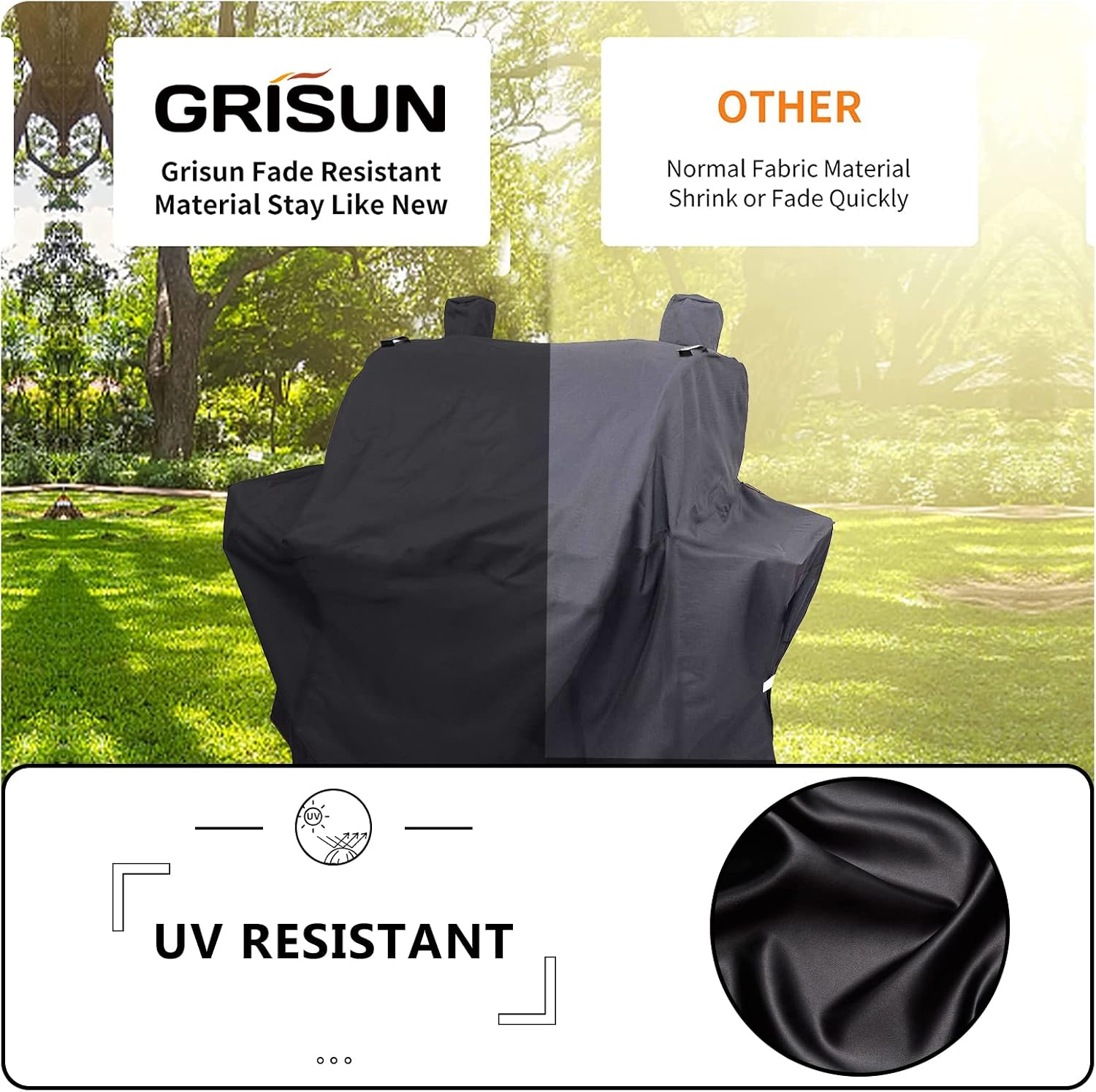 Grisun Grill Cover for Oklahoma Joe's Rider 900 & Rider DLX Grills, Anti-Fade Waterproof Charcoal Offset Smoker Cover, Strap for Fix, Fabric Handle for Easy Put On and Take Off, 600D Material, Black