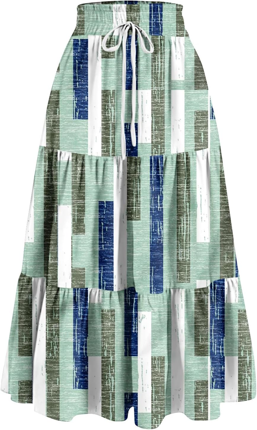 Maxi Skirts for Women Summer Boho Floral High Waisted Skirts Flowy Swing Pleated A-Line Beach Tiered Long Skirts