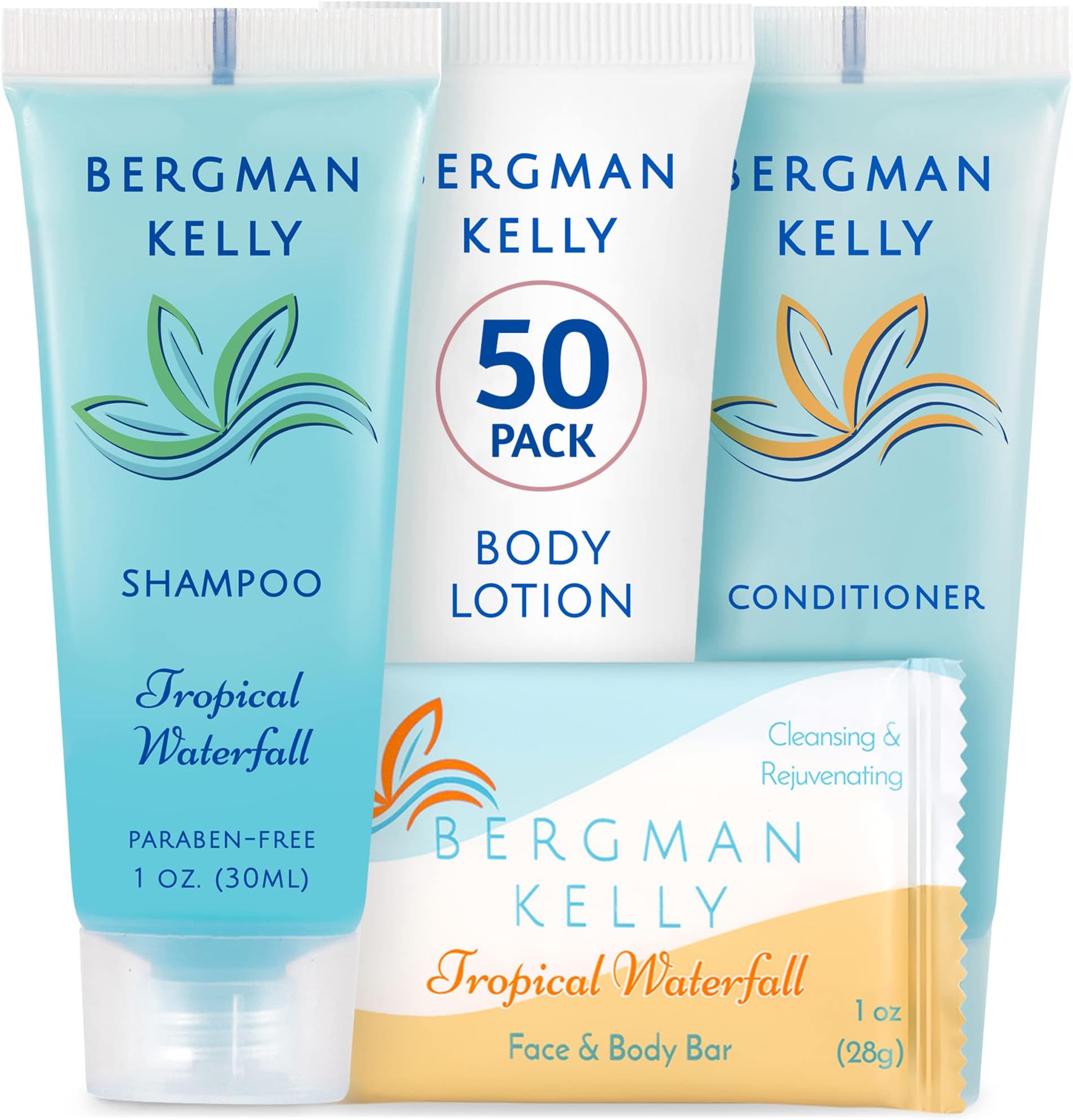 BERGMAN KELLY Hotel Toiletries Bundle (Tropical Waterfall, 1 oz each, 200 Pieces) 4-Piece Set: 50 Rectangular Bar Soap, 50 Shampoo, 50 Conditioner & 50 Body Lotion - Bulk Mini Guest Amenities