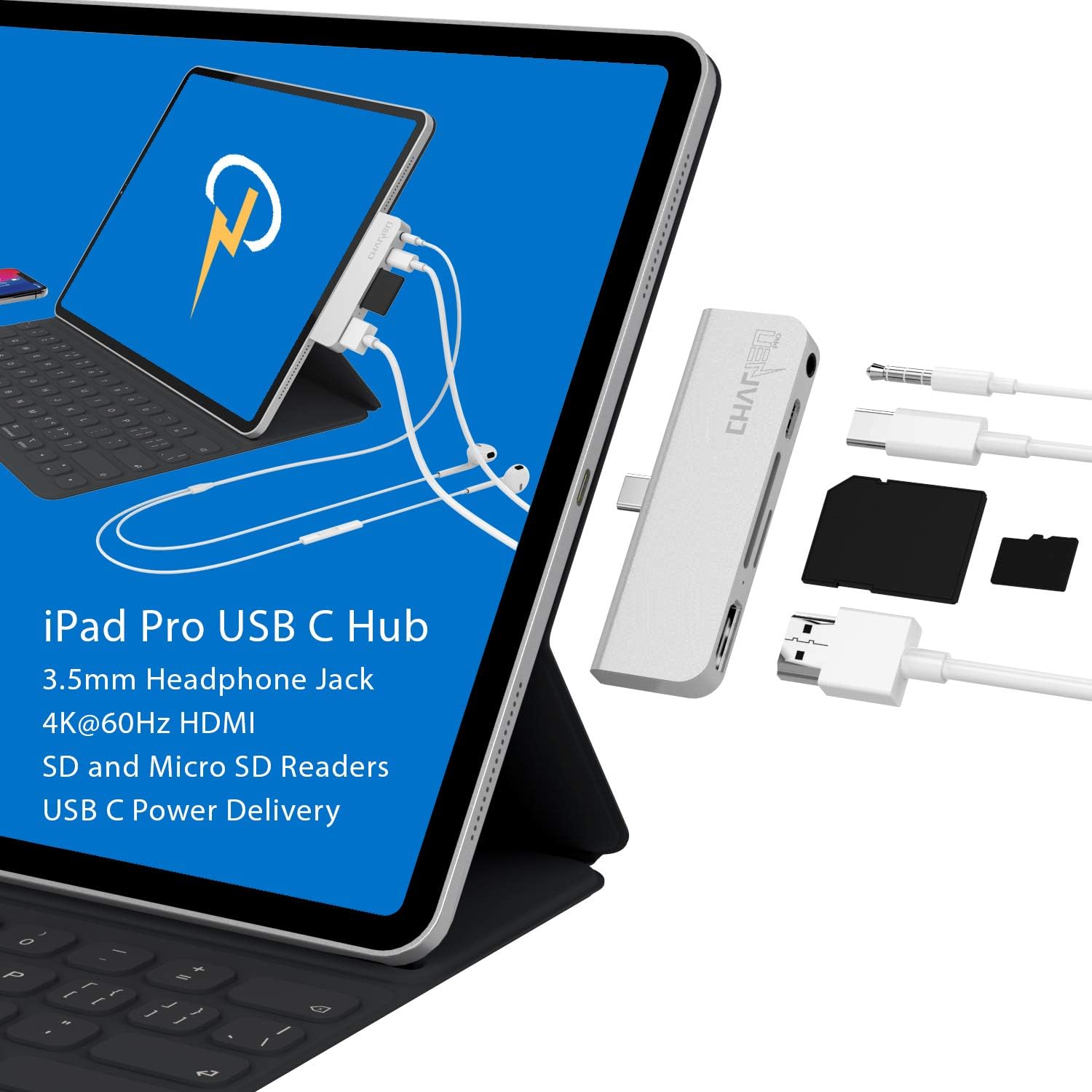 USB C Hub for iPad Pro, iPad Air 4, iPad Mini 6, MacBook Pro 16", 15", 13", MacBook Air 13", 100W Power, HDMI 4K, microSD, SD Card Reader, 3.5mm Jack