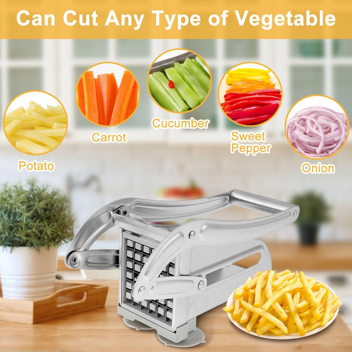 French Fry Cutter Stainless Steel Potato Chipper Fast Cutting Potato Chip Cutter with 36/46 Holes Blades Manual Food Slicer Dicer Multifunction Vegetable Fruit Chipper(silver)
