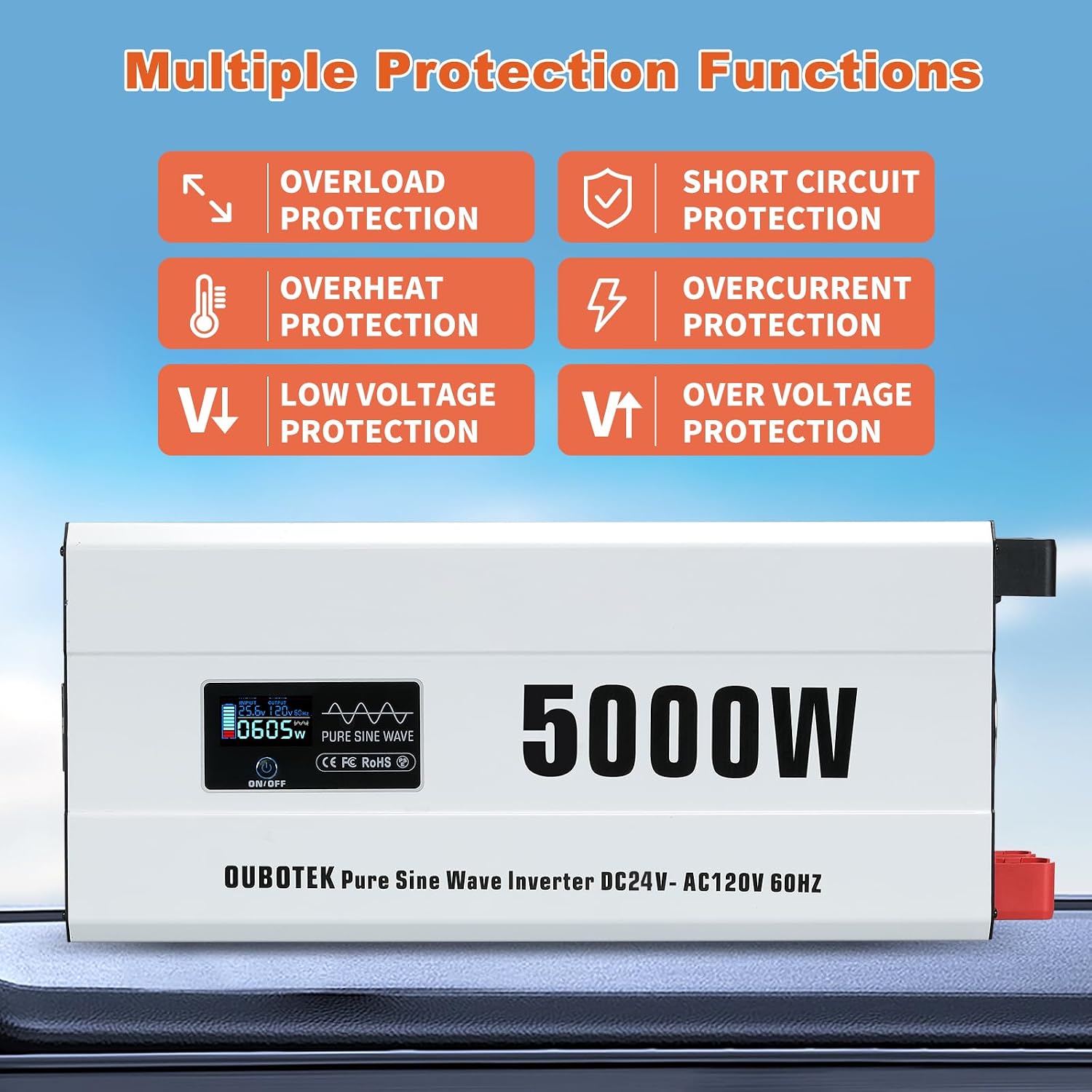 5000 Watts Power Inverter, Pure Sine Wave 24V DC to 120V AC Off Grid Solar Inverter with Wired Remote Switch LCD Display 4 AC Outlets Hardwire Terminal for Home RV Camping