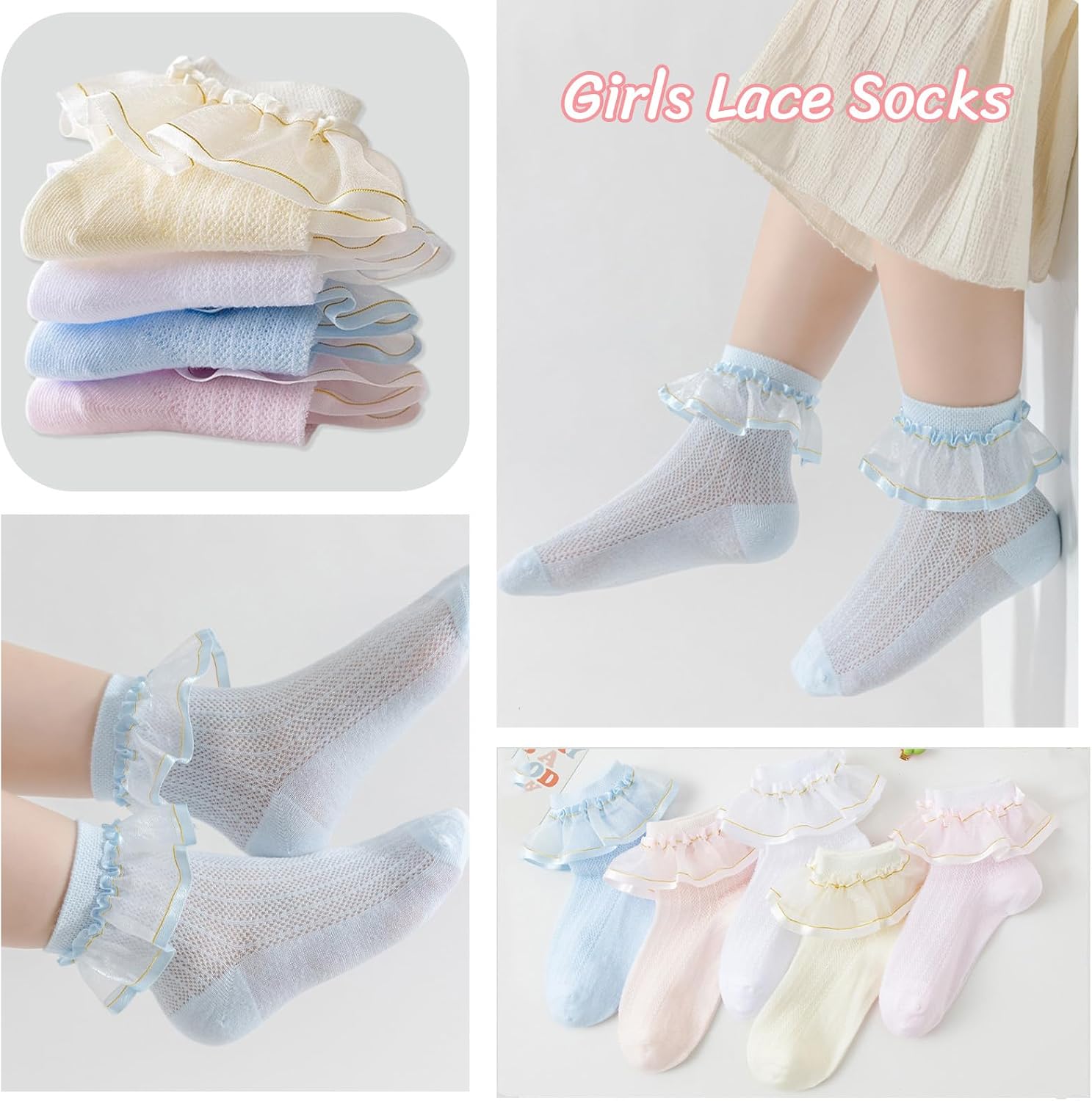 Meeshine 5 Pairs Baby Girls Eyelet Lace Socks Toddler Ruffle Frilly Mesh Thin Cotton Princess Dress Socks for 3-10T Kids
